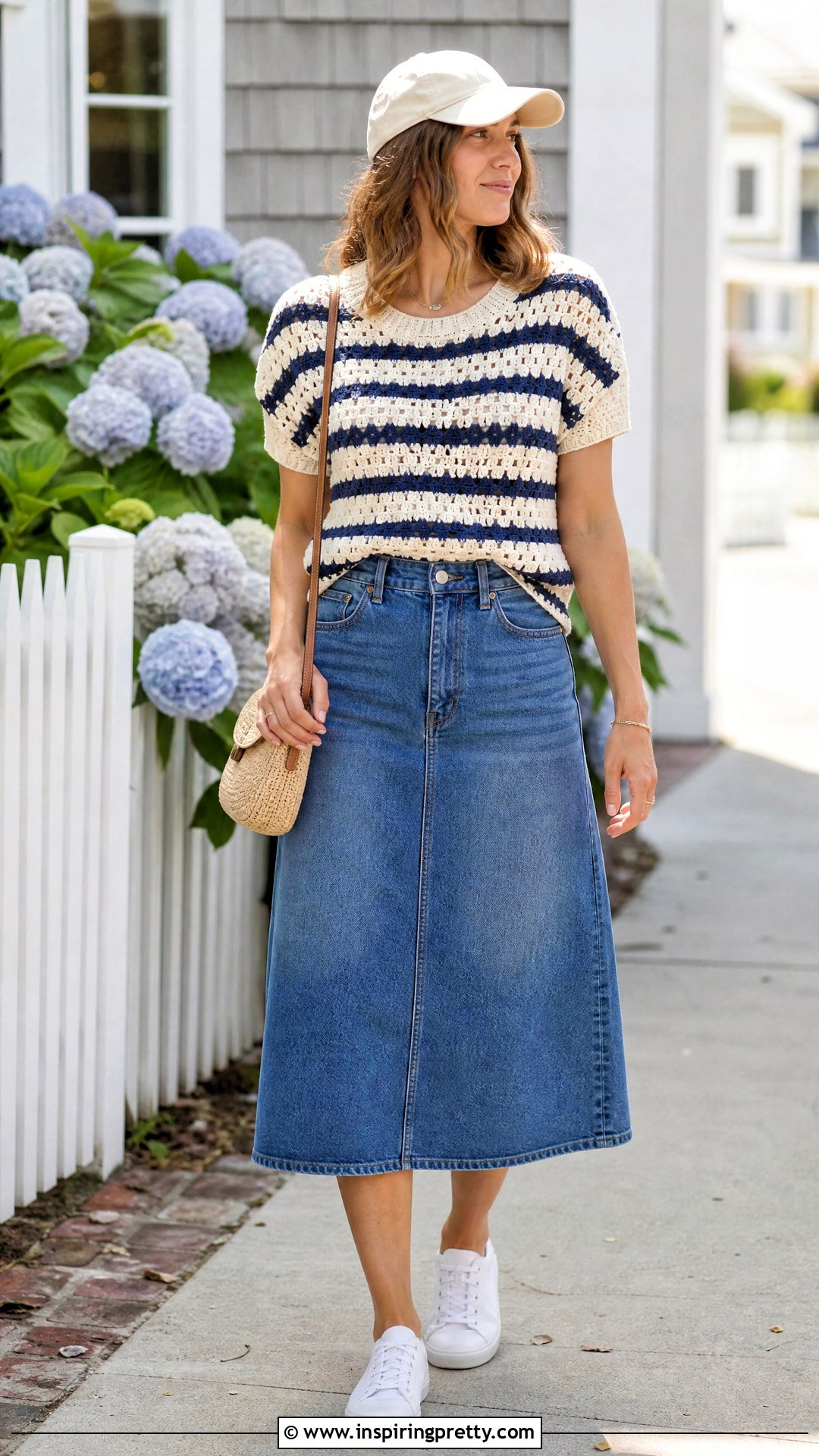 Crochet Striped Top With Denim Skirt - 20 easy crochet tops for women
