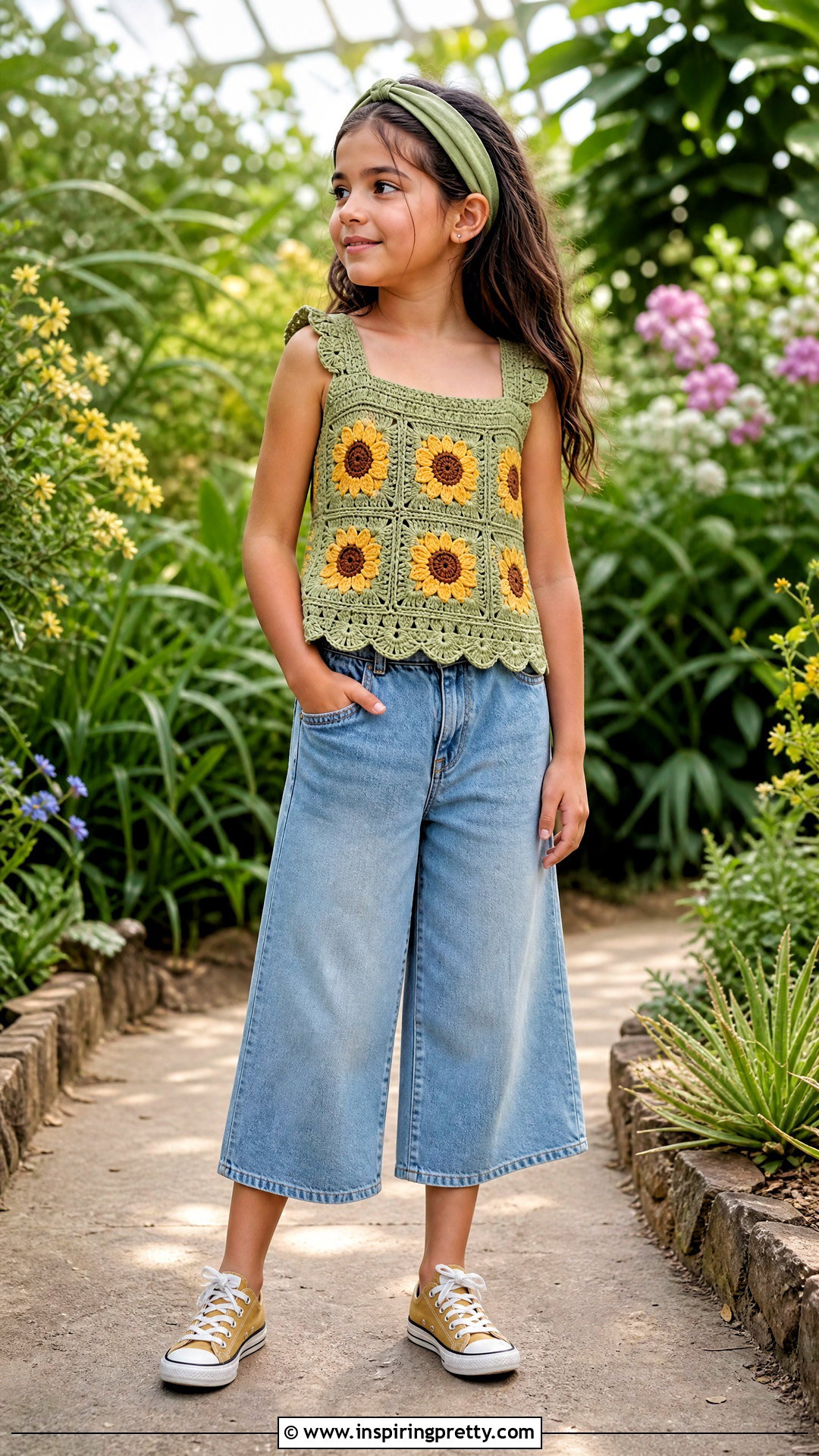 Crochet Sunflower Top With Denim Culottes - 50 crochet top for kids