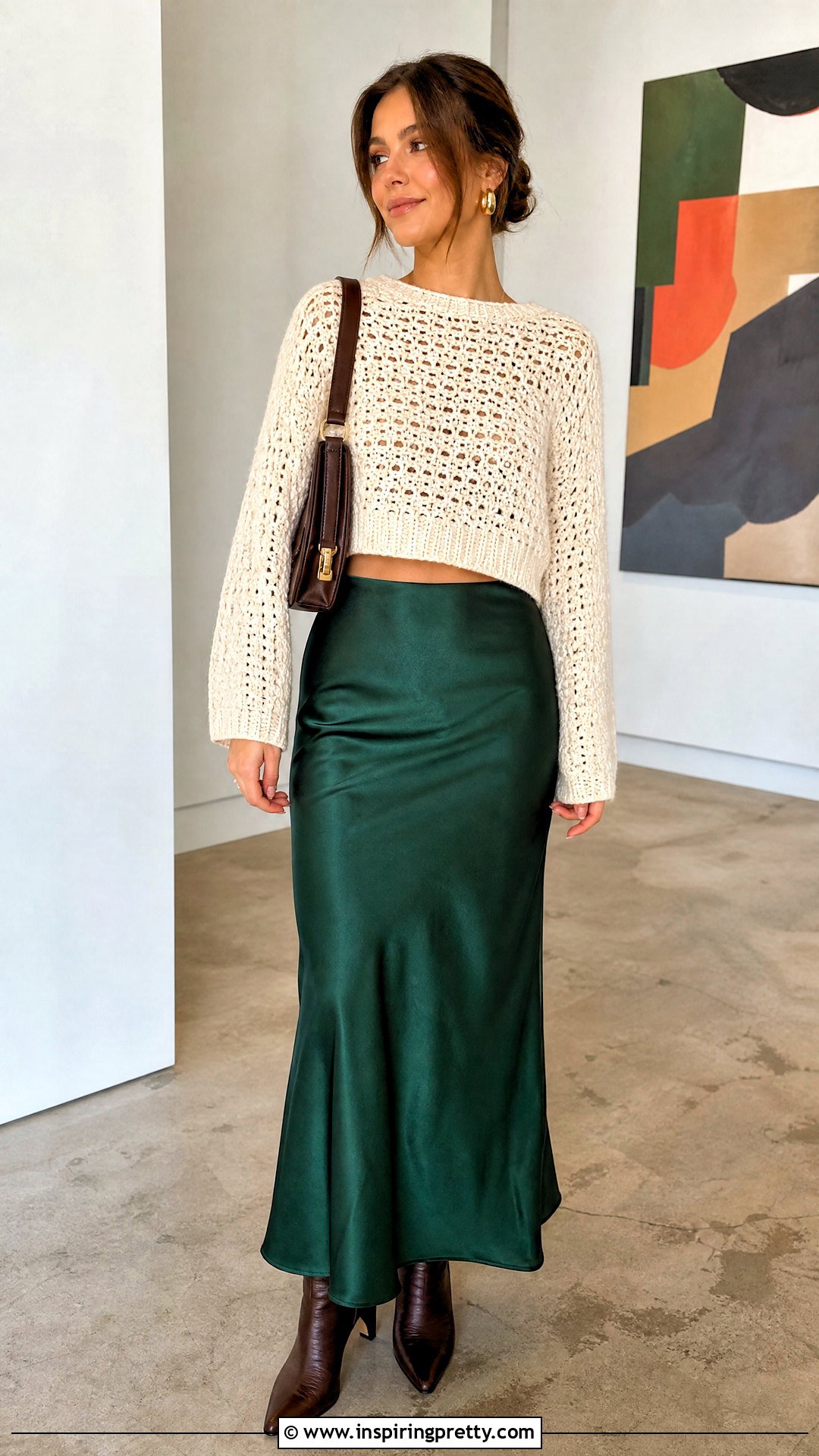 Crochet Sweater Top With A Satin Maxi Skirt - 25 different types of crochet tops outfit ideas