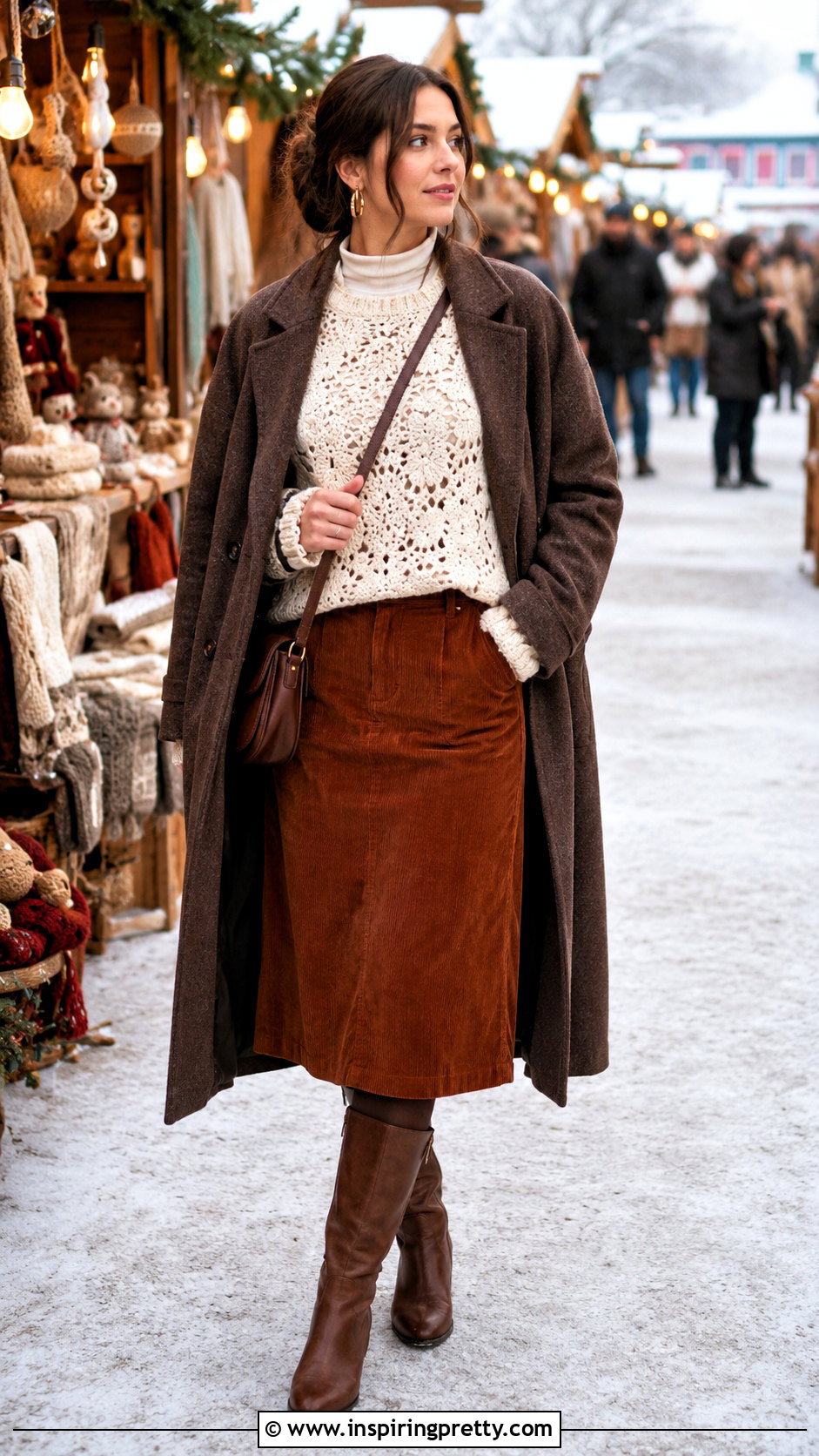 Crochet Sweater With Corduroy Skirt - 50 cute winter tops outfit ideas