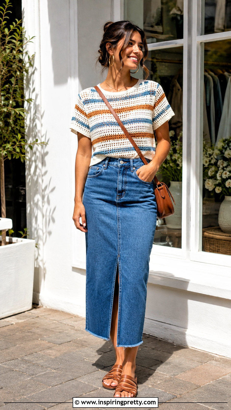 Crochet T Shirt With Denim Midi Skirt - 50 handmade tops outfit ideas