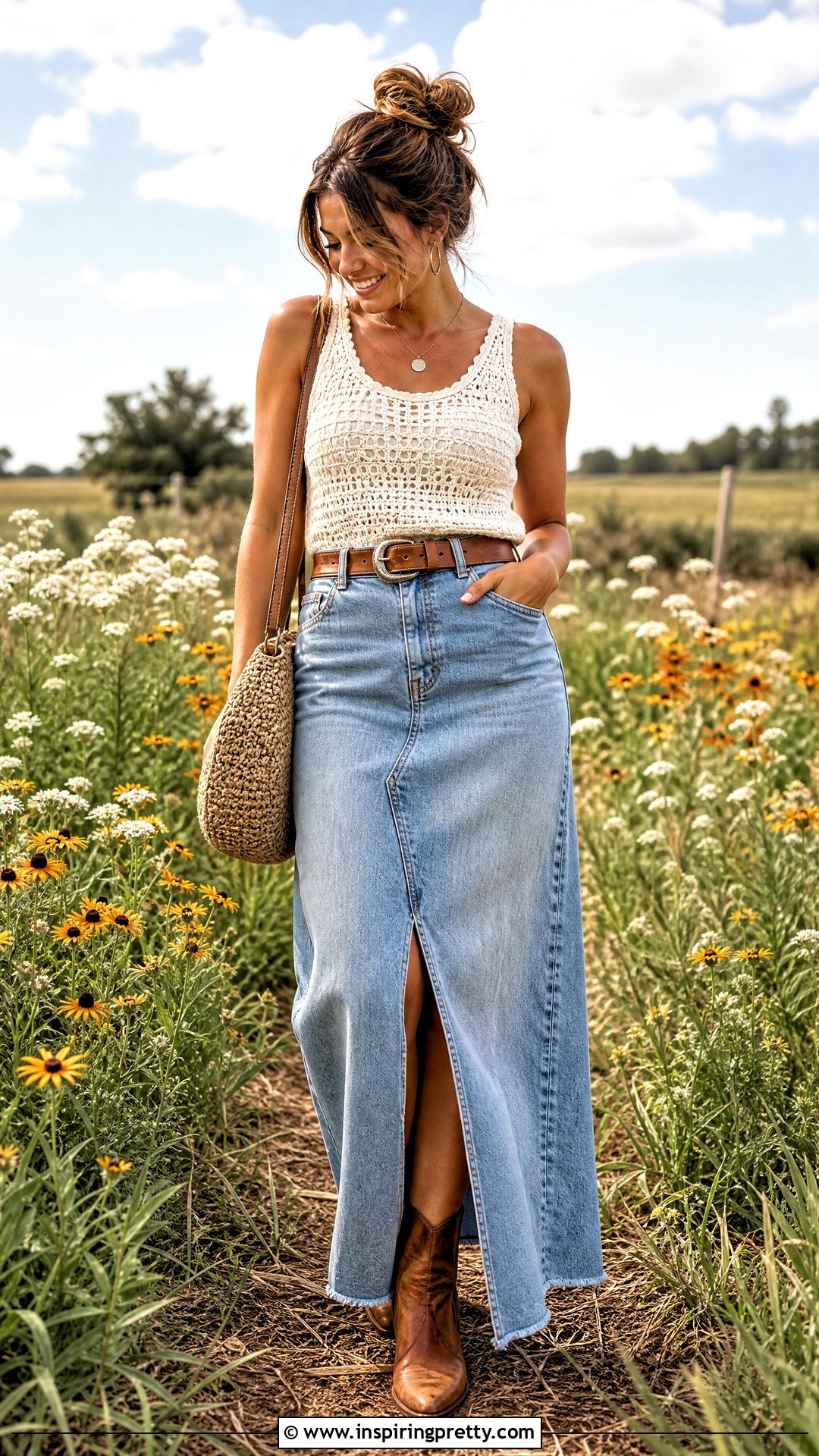 Crochet Tank Top With Denim Maxi Skirt And Boots - 25 country girl tank tops outfit ideas