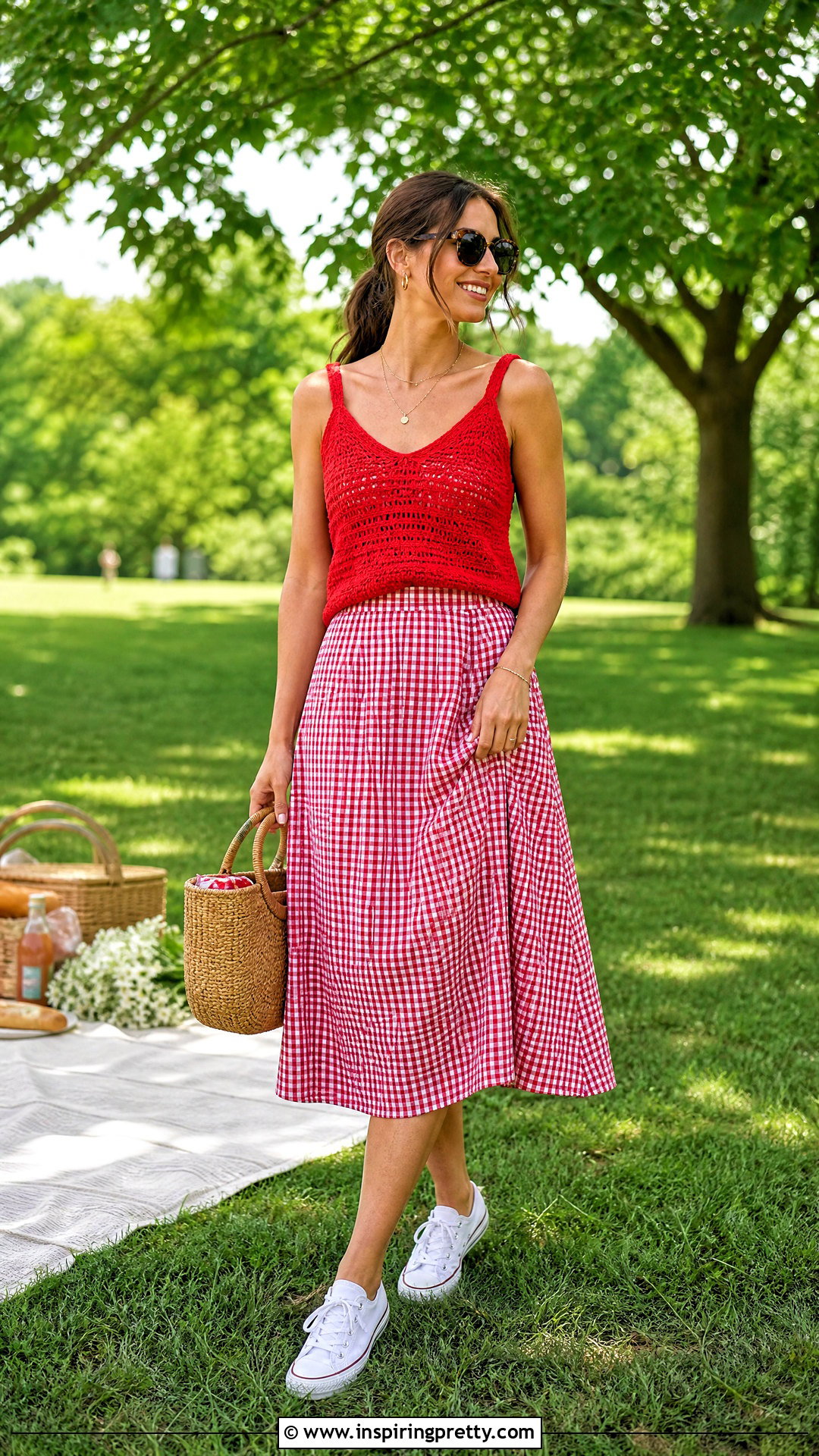 Crochet Tank Top With Gingham Midi Skirt - 50 crochet tank top outfit ideas