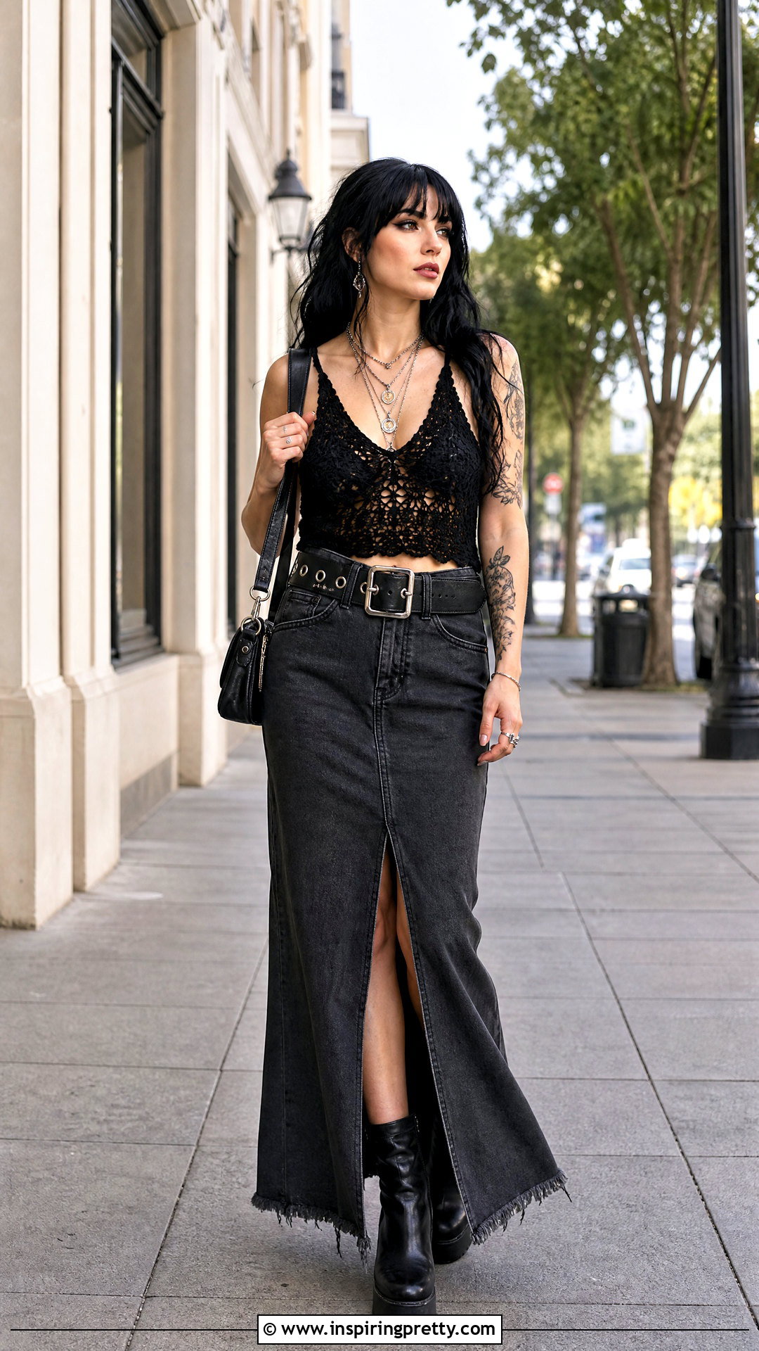 Crochet Tank Top With Maxi Denim Skirt - 50 goth crochet top outfit ideas
