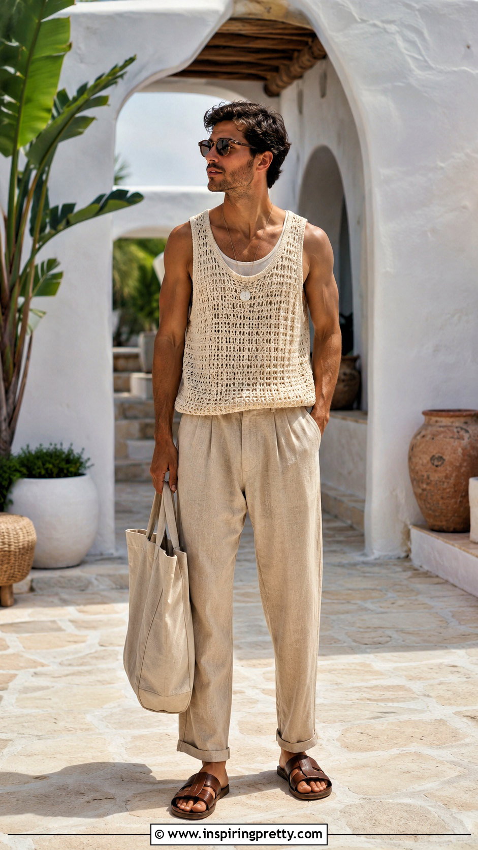 Crochet Tank Top With Pleated Pants - 20 men tank top aesthetic outfit ideas