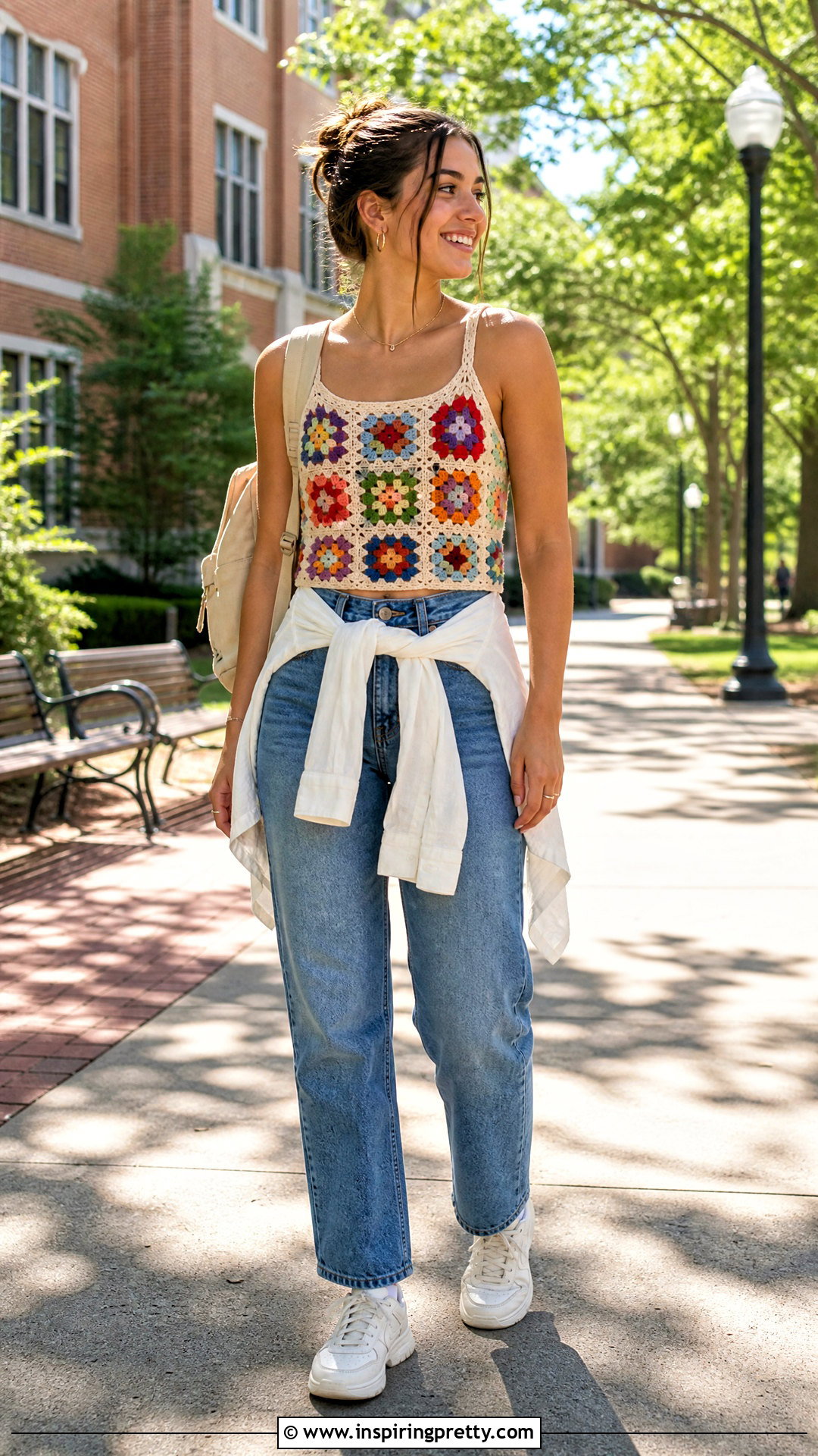 Crochet Tank Top With Straight Jeans And Backpack - 50 crochet tank top outfit ideas