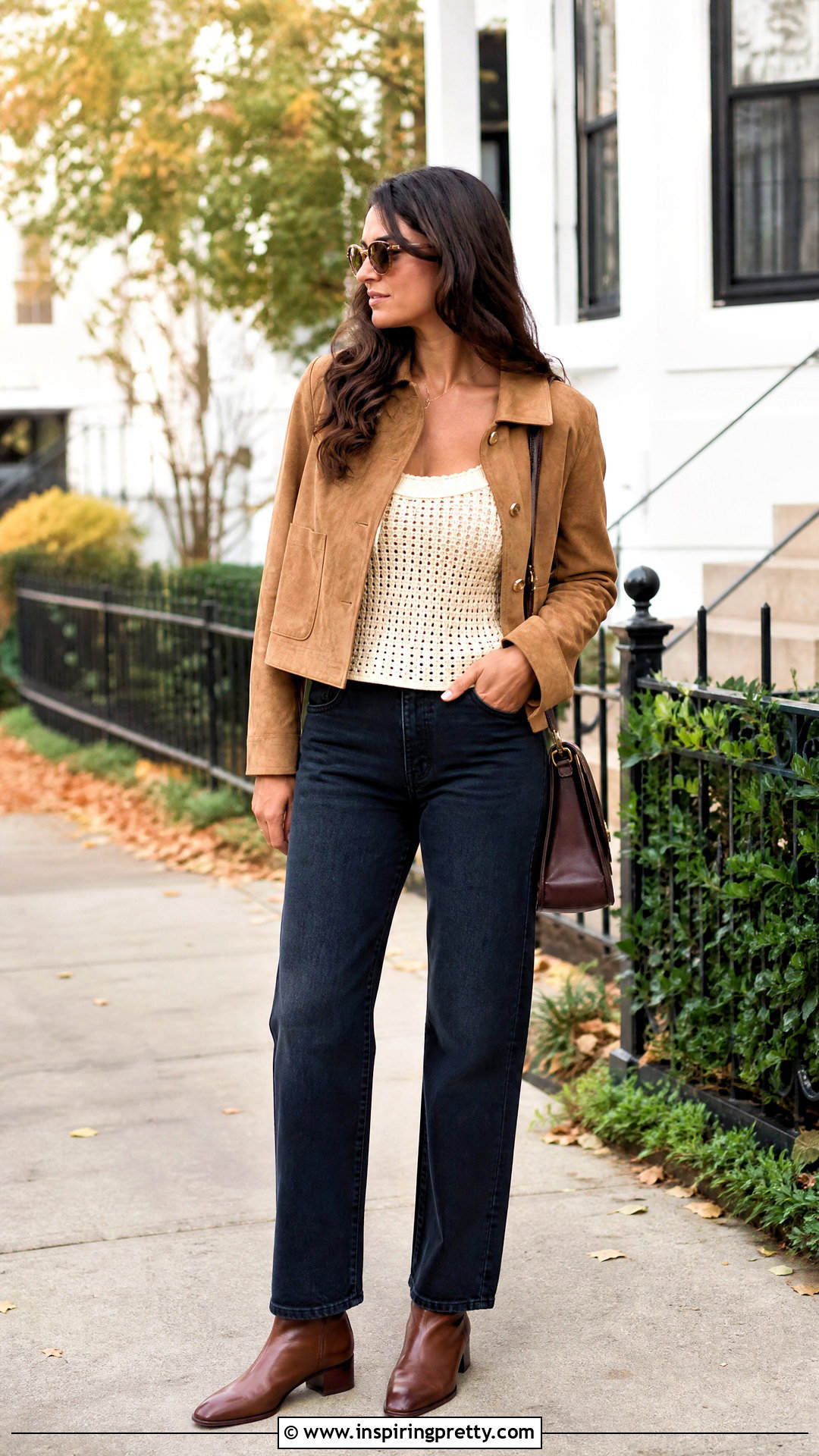 Crochet Tank Top With Suede Jacket And Jeans - 20 fall fashion tank top outfit ideas