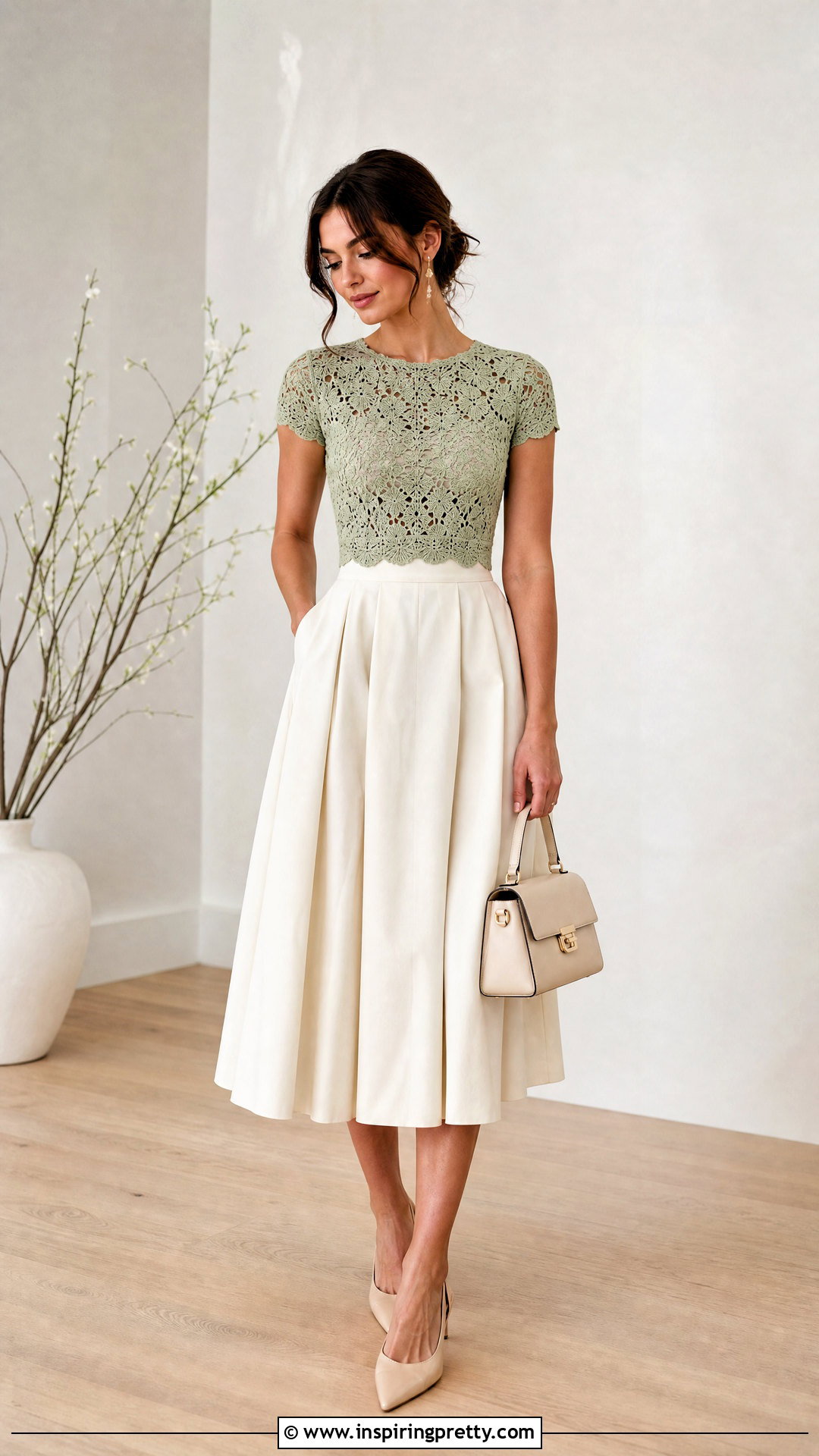 Crochet Top And Pleated Midi Skirt Outfit - 20 crochet top on wooden floor outfit ideas