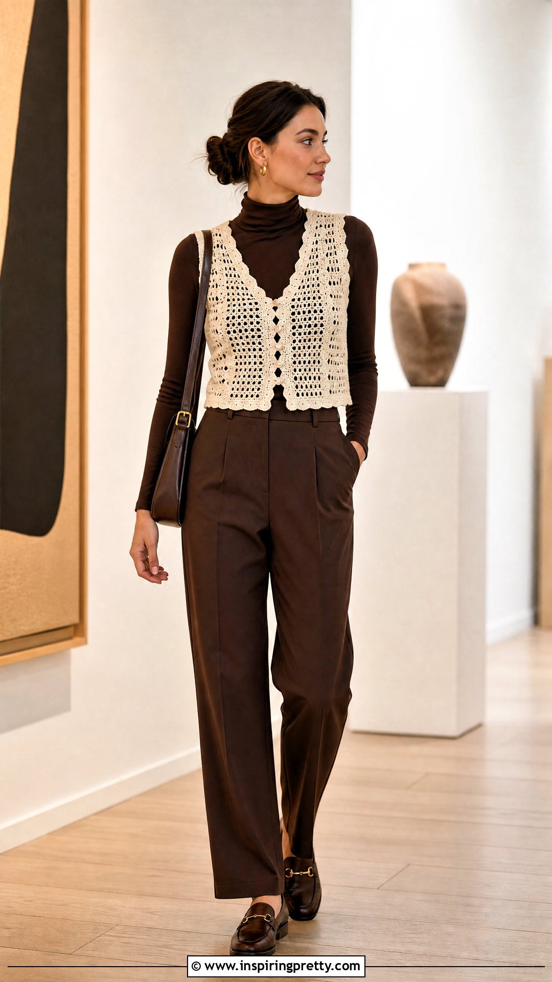 Crochet Top Over Turtleneck With Trousers - 50 crochet top outfit ideas