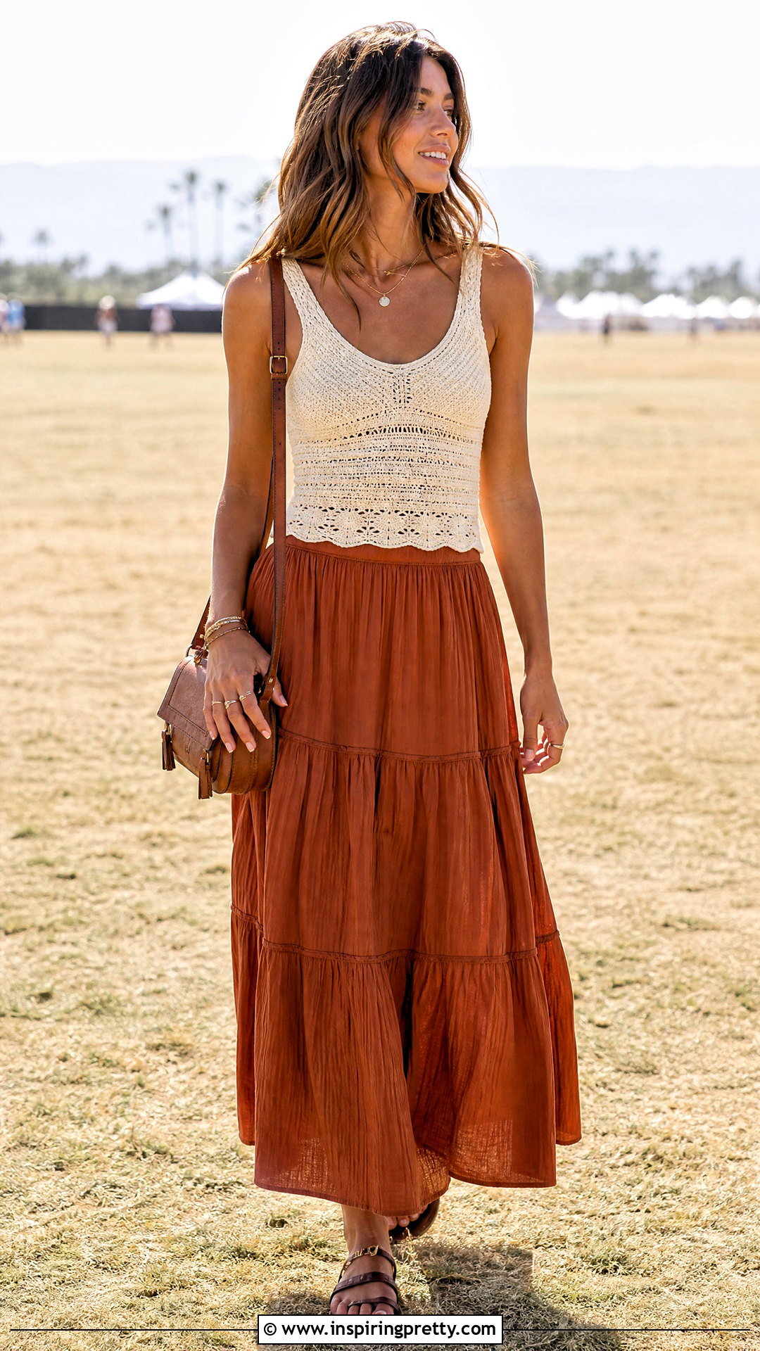Crochet Top With A Tiered Maxi Skirt - 50 crochet ladies tops outfit ideas