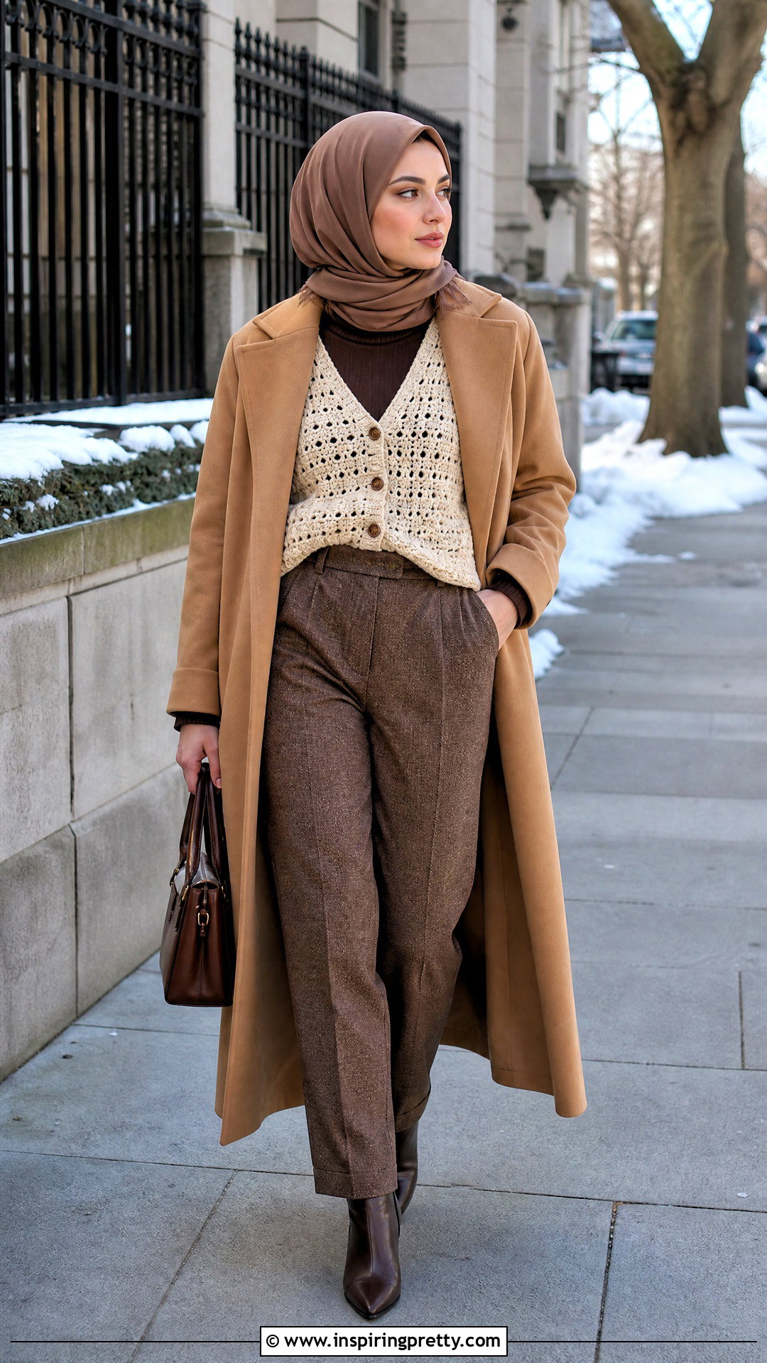Crochet Top With A Turtleneck And Wool Trousers - 25 crochet top hijabi outfit ideas