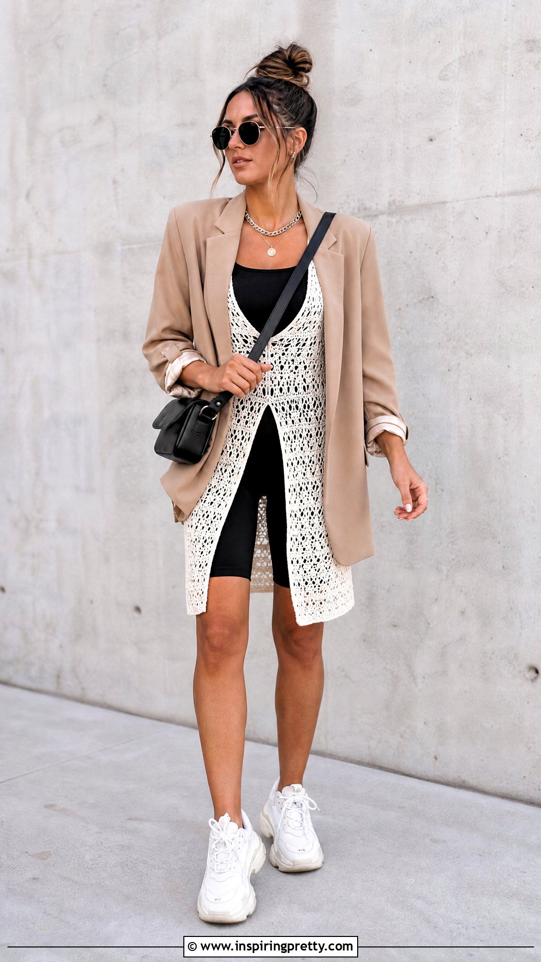 Crochet Top With Bike Shorts And Blazer - 50 crochet tops outfit ideas