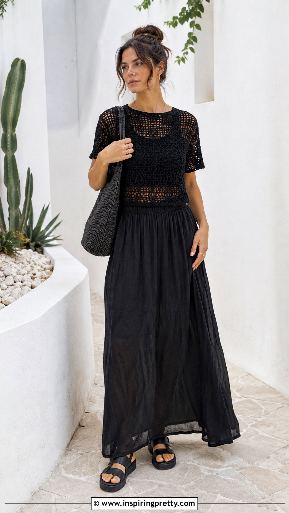 Crochet Top With Black Maxi Skirt - 50 alt tops outfit ideas