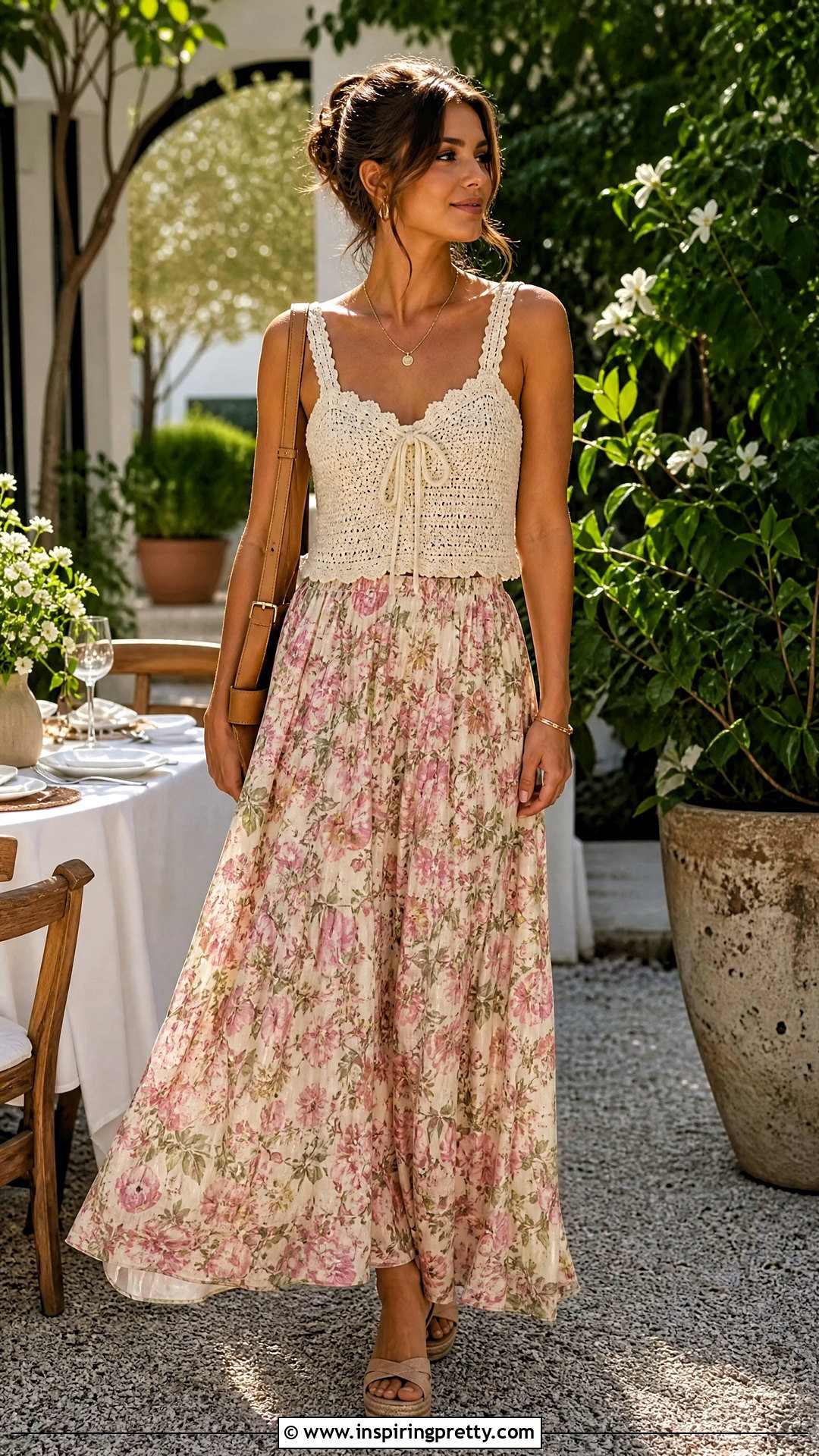 Crochet Top With Bow Detail And Floral Maxi Skirt - 20 crochet top with bow detail outfit ideas