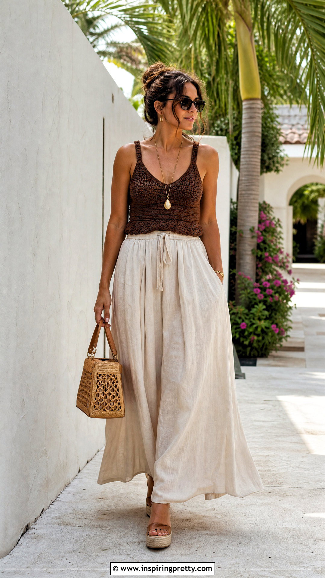 Crochet Top With Flowing Culottes - 50 boho crochet top outfit ideas