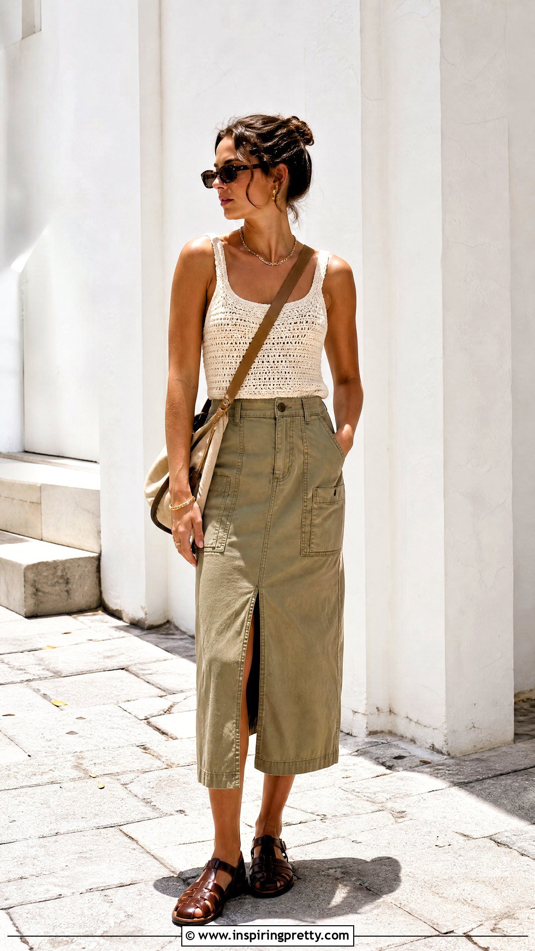 Crochet Top With Khaki Utility Skirt - 50 boho crochet top outfit ideas