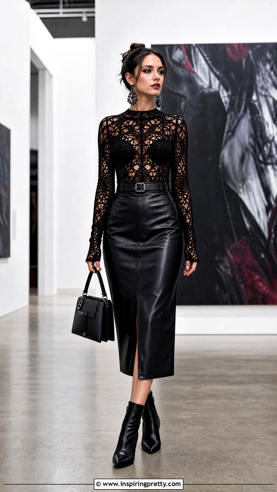 Crochet Top With Leather Midi Skirt - 50 goth crochet top outfit ideas