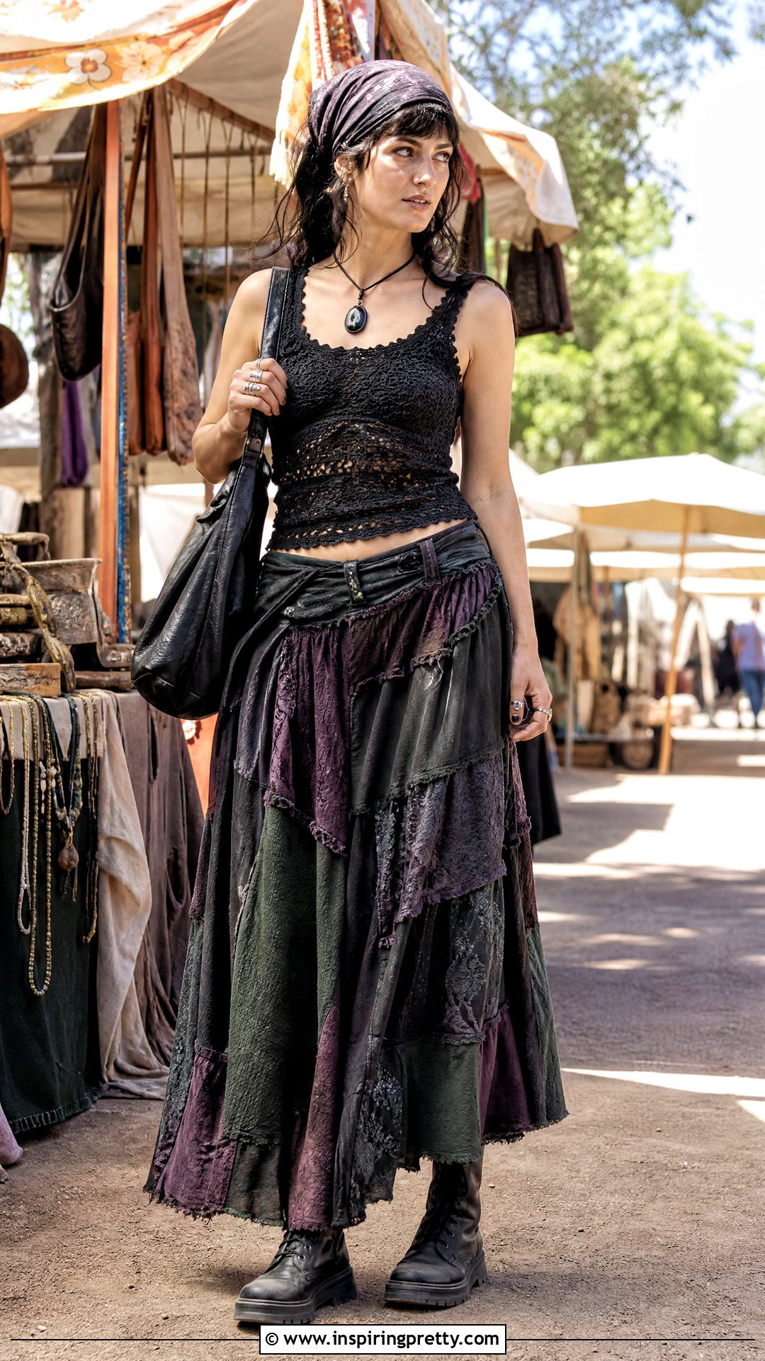 Crochet Top With Patchwork Maxi Skirt - 50 goth crochet top outfit ideas