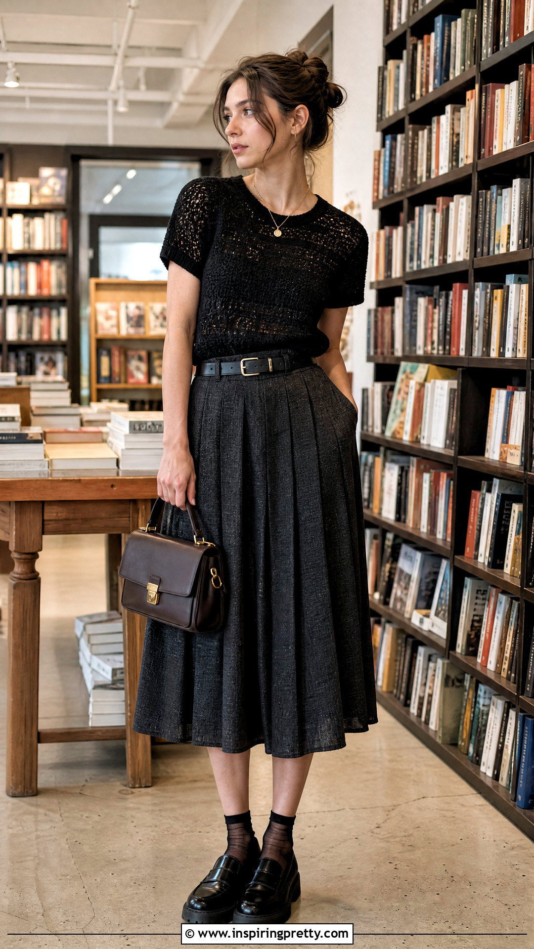 Crochet Top With Pleated Midi Skirt - 50 goth crochet top outfit ideas