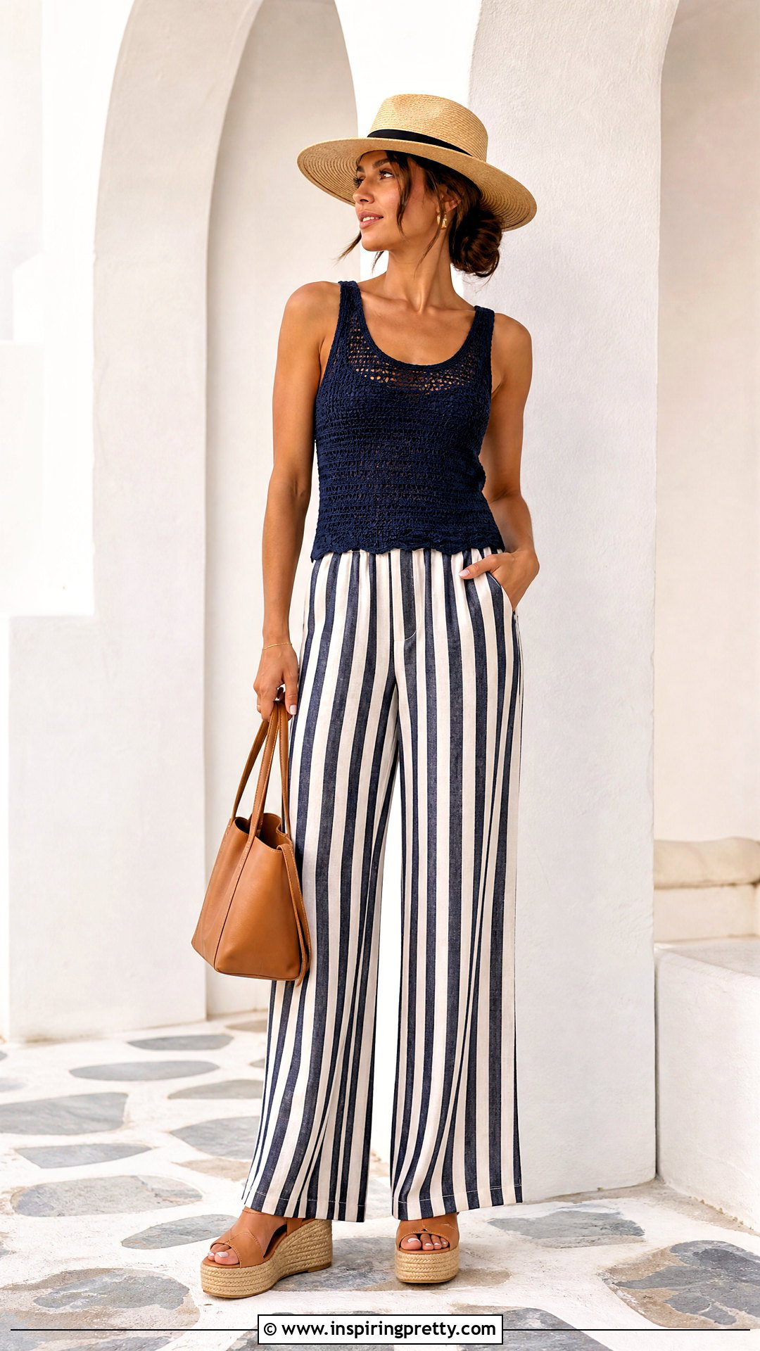 Crochet Top With Striped Linen Pants - 50 boho crochet top outfit ideas