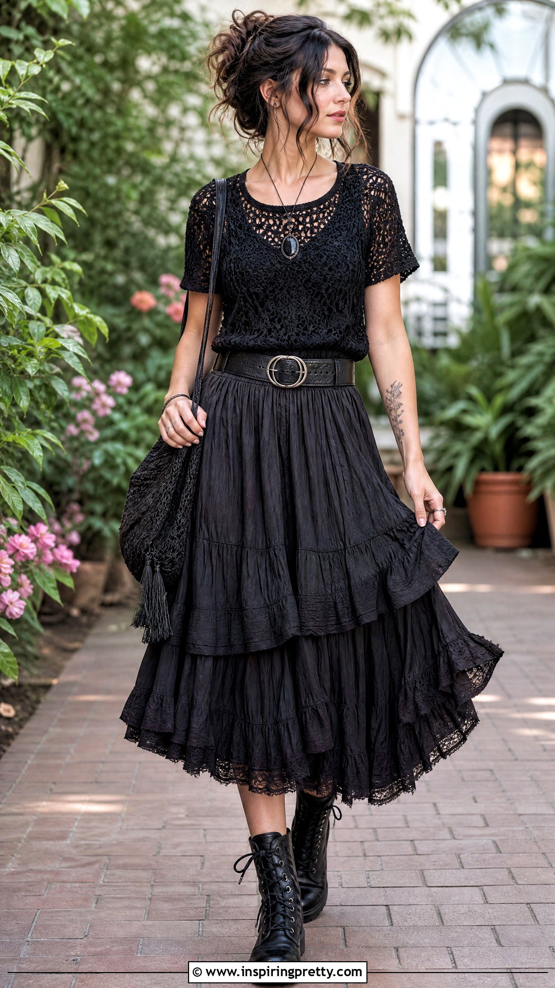 Crochet Top With Tiered Midi Skirt - 50 goth crochet top outfit ideas