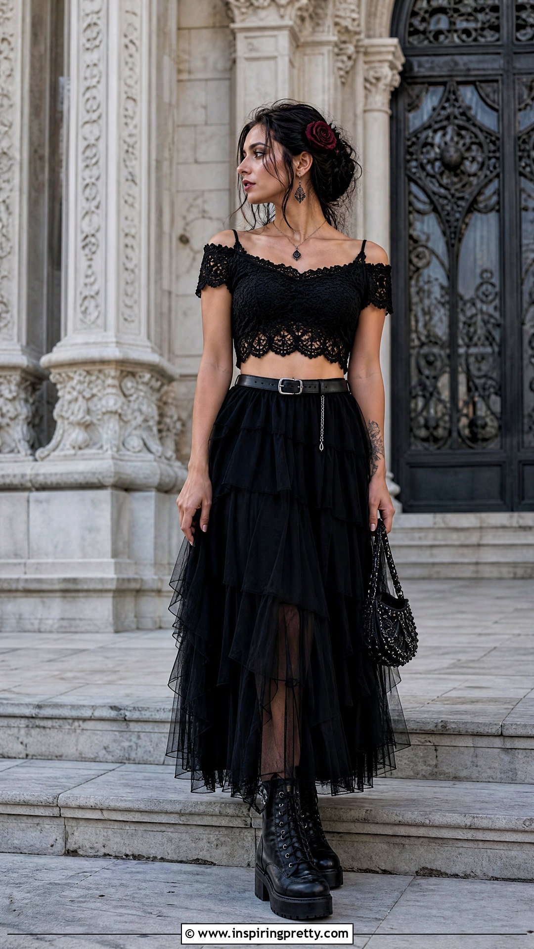 Crochet Top With Tulle Maxi Skirt - 50 goth crochet top outfit ideas