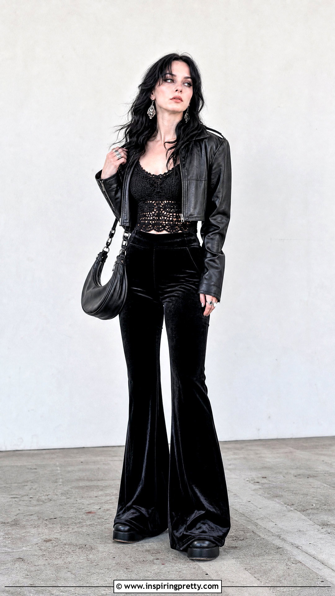 Crochet Top With Velvet Flares - 50 goth crochet top outfit ideas