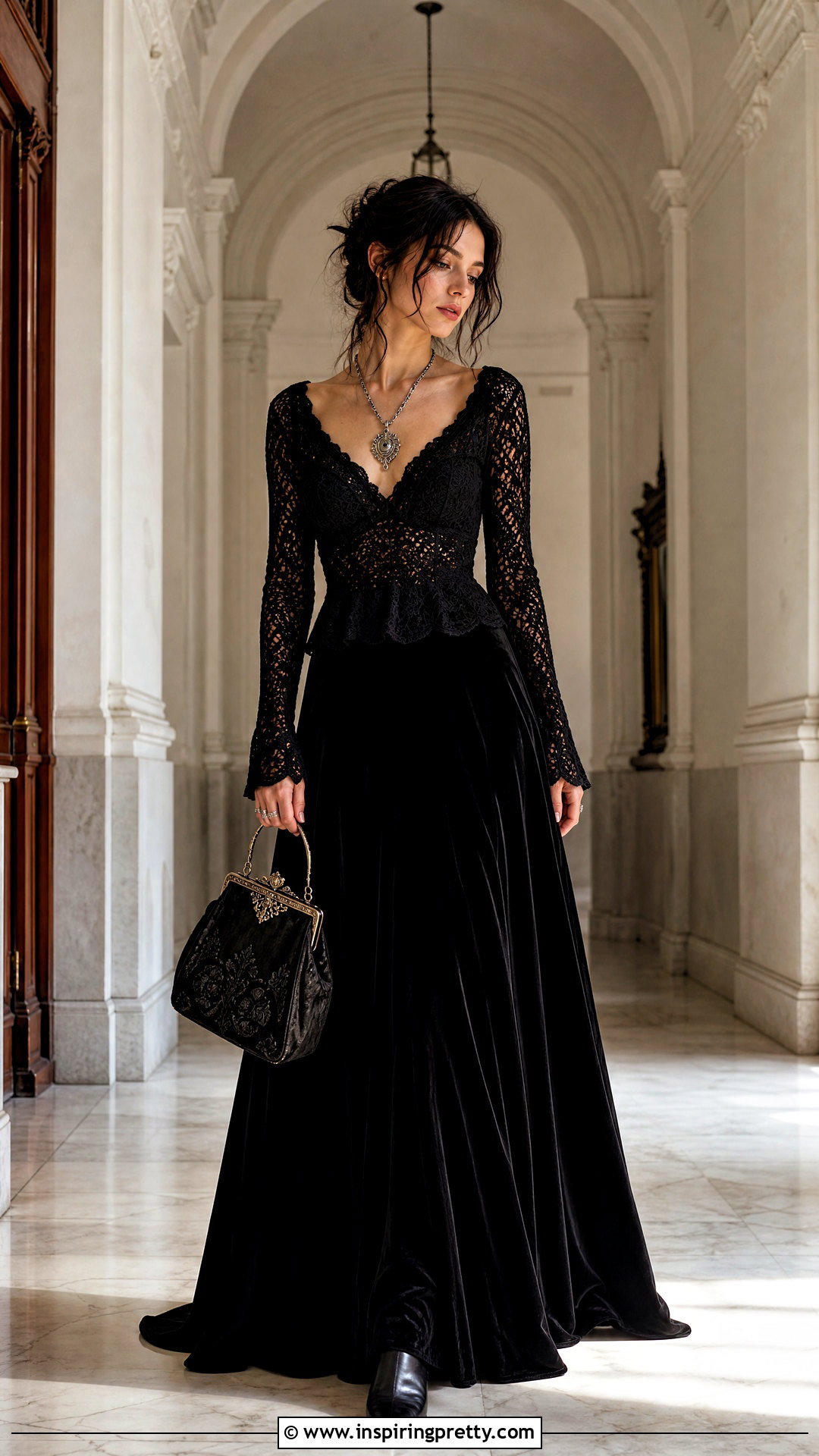 Crochet Top With Velvet Maxi Skirt - 50 goth crochet top outfit ideas