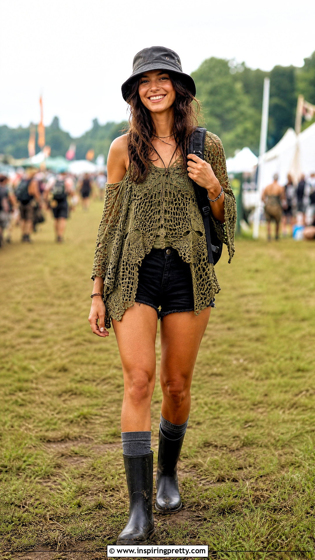Crochet Tunic Top With Shorts And Rain Boots - 20 festival crochet top outfit ideas