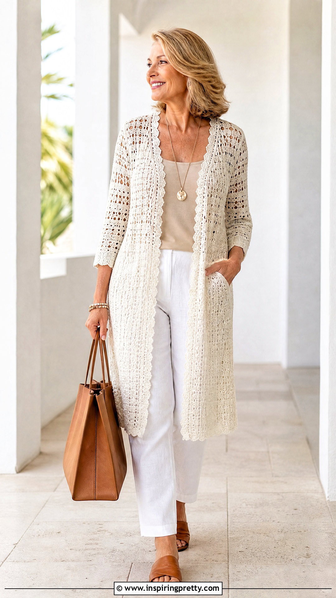 Crochet Tunic Top With Slim Linen Pants - 50 trendy crochet tops outfit ideas