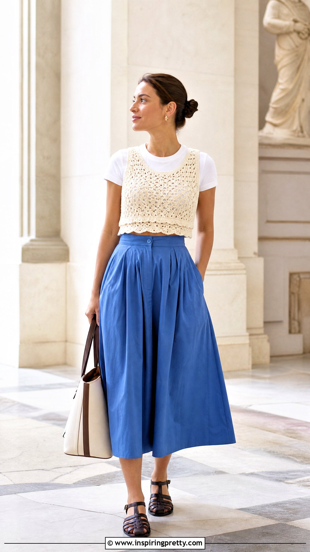 Crochet Vest Crop Top With Poplin Midi Skirt - 50 crop top crochet outfit ideas