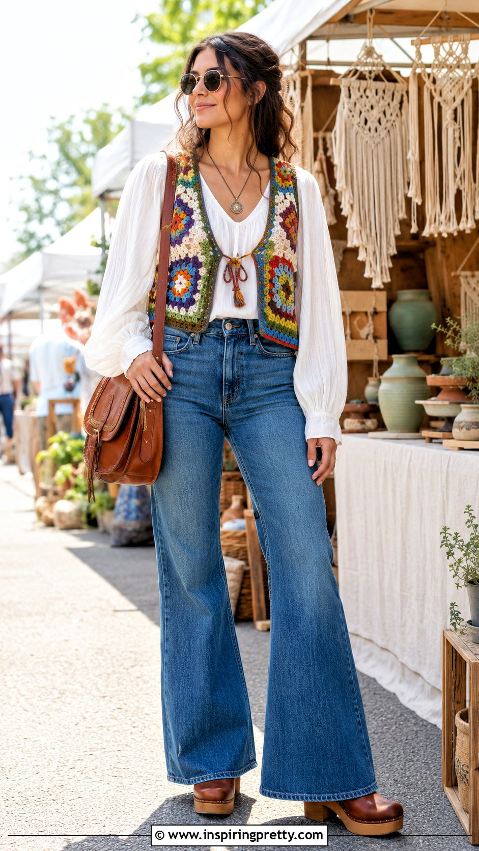 Crochet Vest Over Peasant Blouse With Jeans - 20 Retro 70S Tops outfit ideas