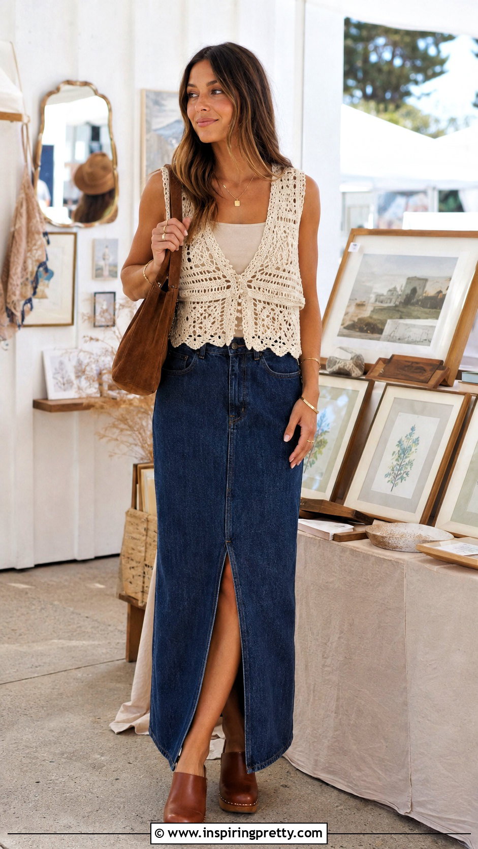 Crochet Vest Top With Denim Maxi Skirt - 50 vest top outfits for women