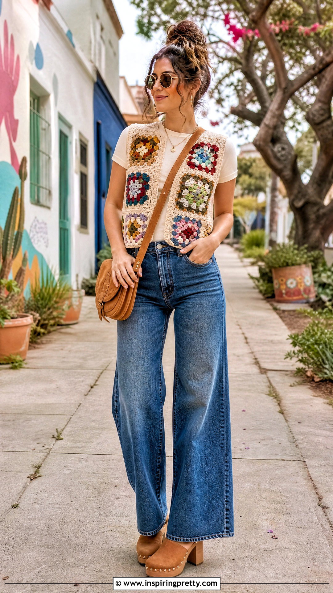 Crochet Vest Top With Wide Leg Jeans - 50 70s tops outfit ideas