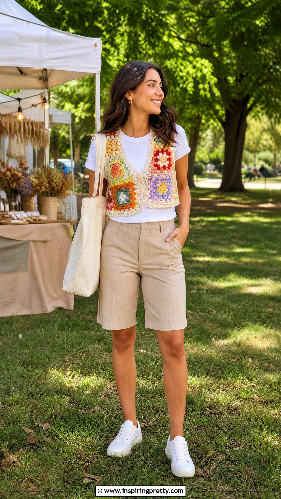 Crochet Vest With T Shirt And Bermuda Shorts - 20 crochet top on grass outfit ideas