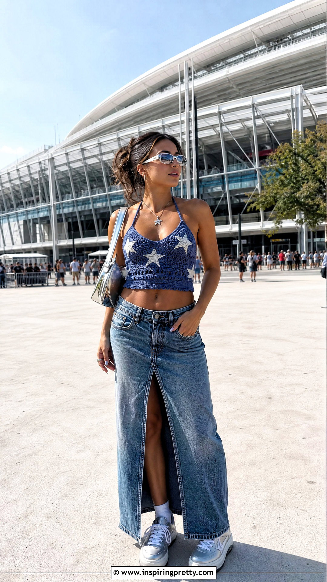 Crochet Y K Star Top With Denim Maxi Skirt - 50 crochet y2k top outfit ideas