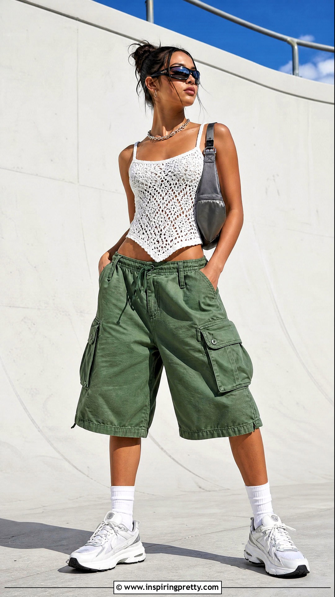 Crochet Y K Top With Colorful Baggy Shorts - 50 crochet y2k top outfit ideas