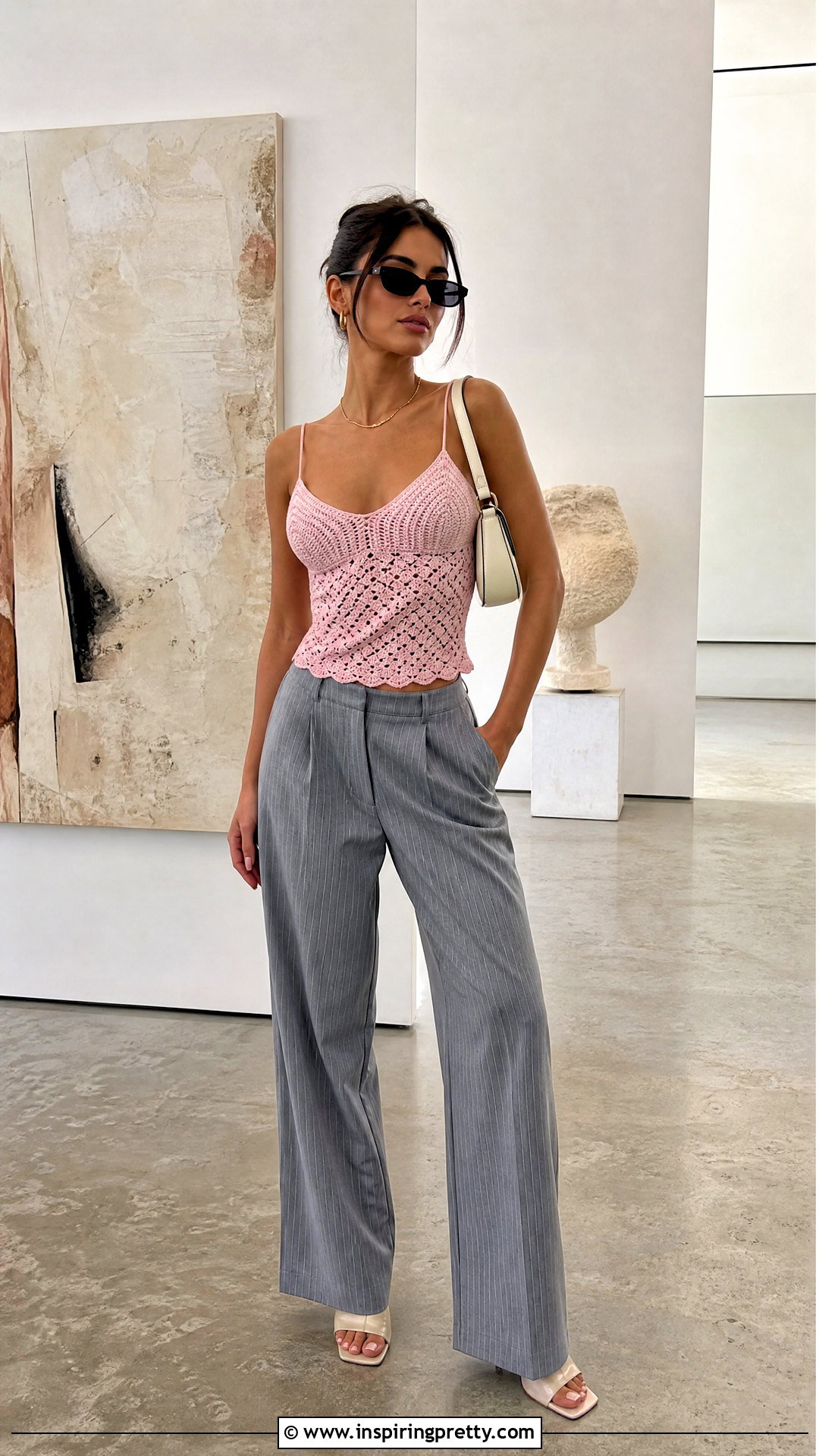 Crochet Y K Top With Pinstripe Trousers - 50 crochet y2k top outfit ideas