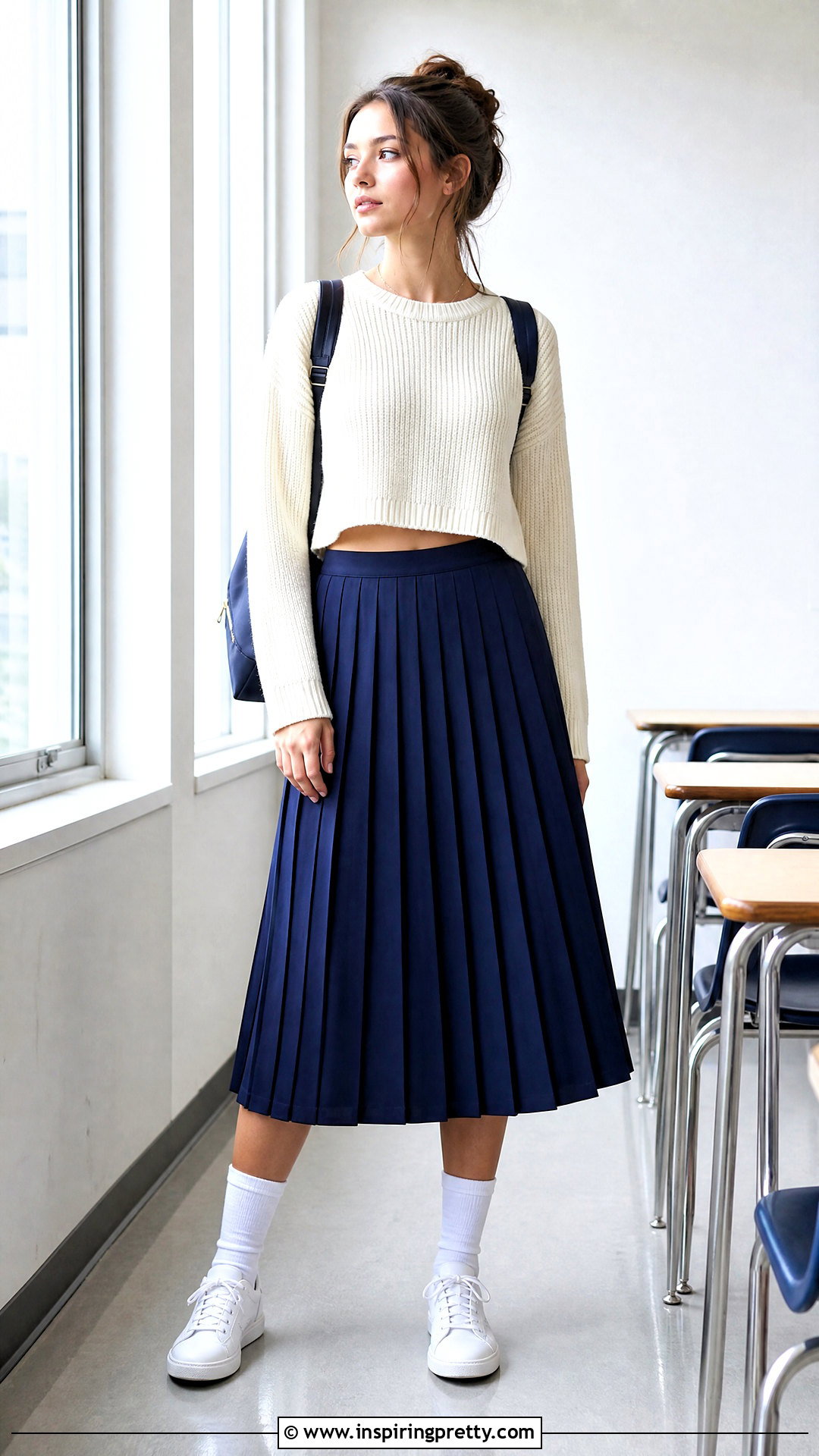 Crop Sweater With Pleated Midi Skirt Outfit - 20 Crop Top High School outfit ideas
