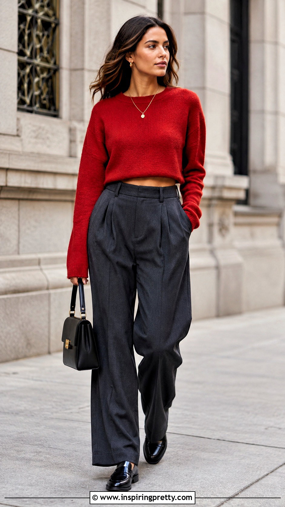 Crop Sweater With Pleated Trousers - 50 trending crop tops outfit ideas
