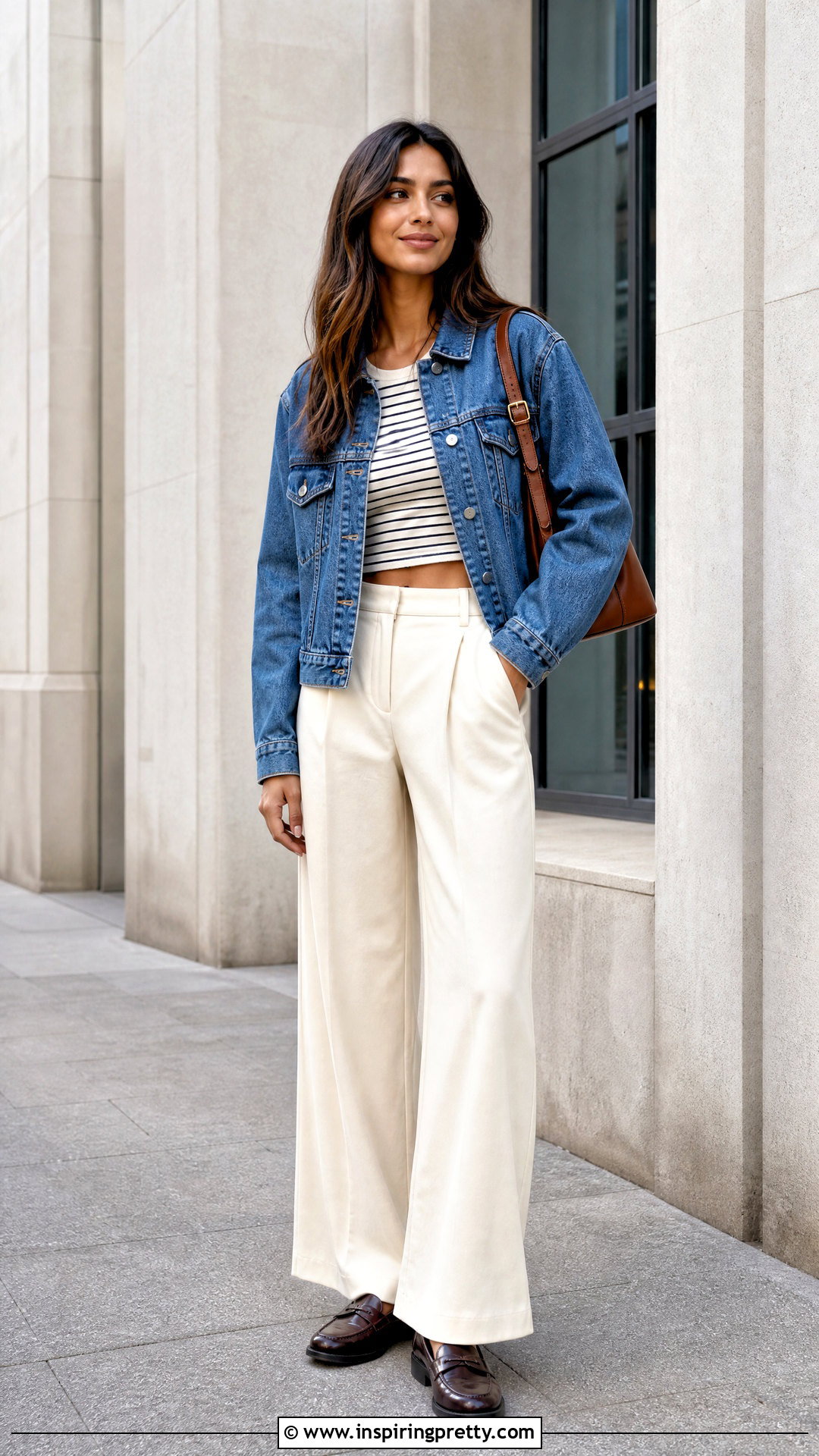 Crop Tank Top With Denim Jacket And Trousers - 50 Crop Tank Top outfit ideas