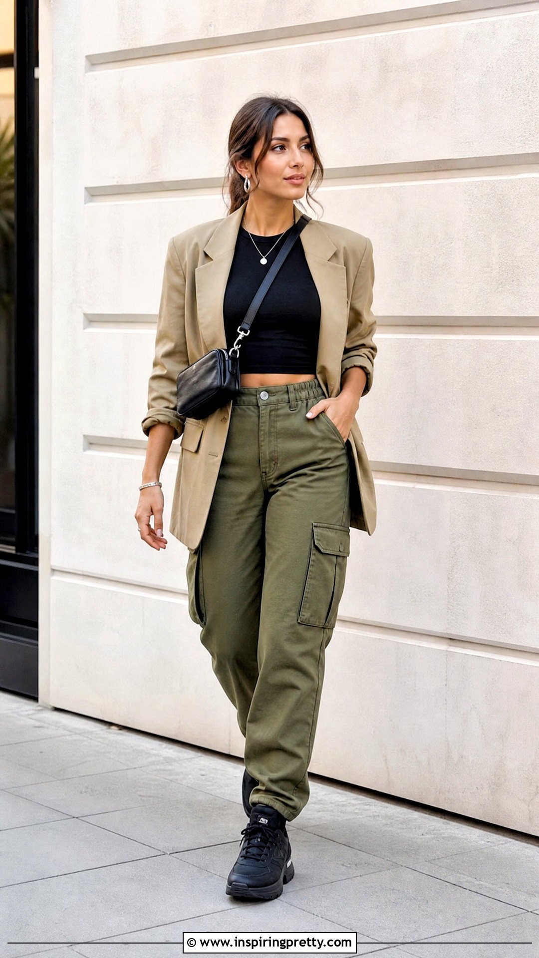Crop Top And Blazer With Cargo Pants - 20 crop top with blazer outfit ideas