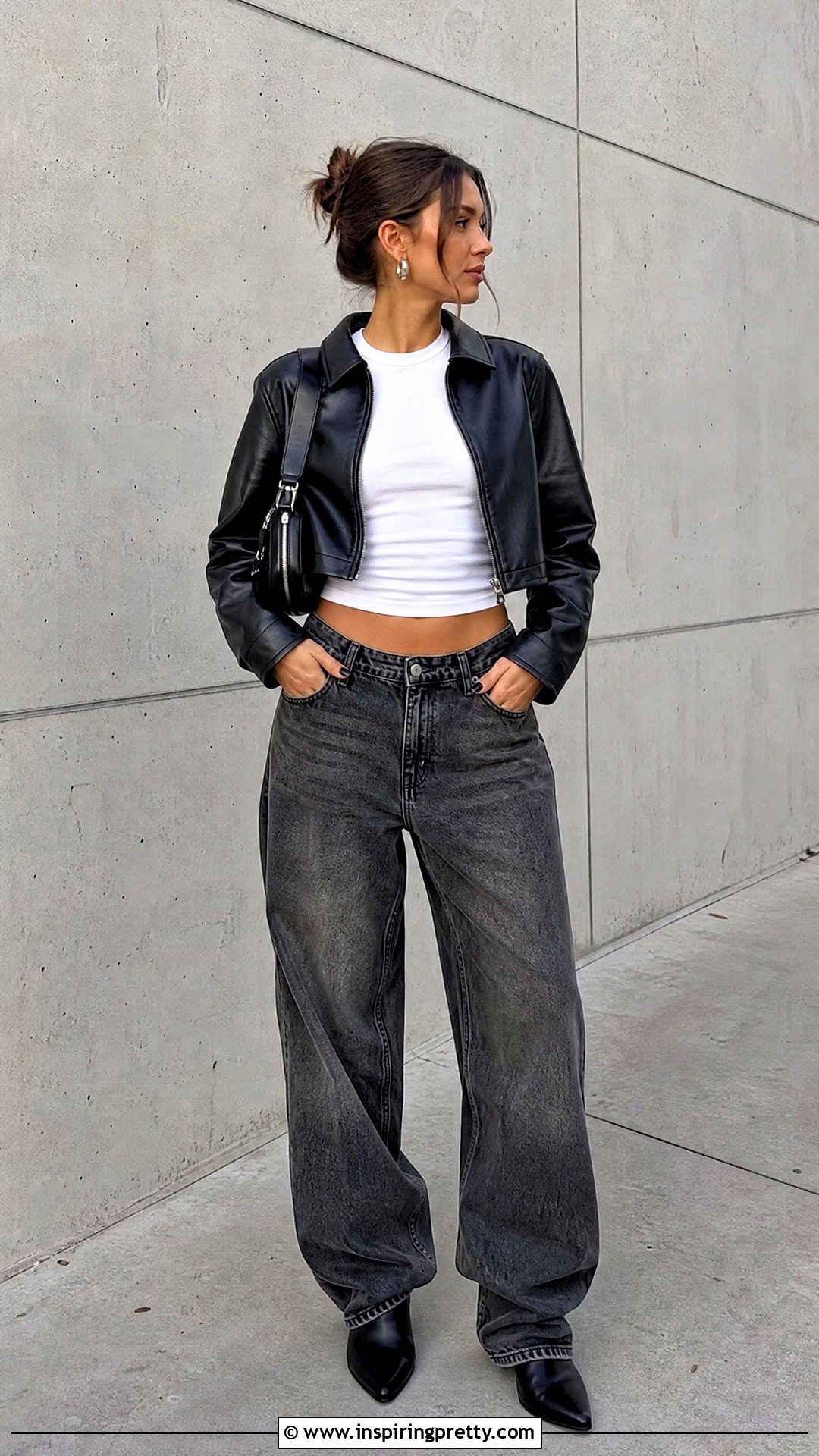 Crop Top And Leather Jacket With Baggy Jeans - 50 baggy jeans and crop top outfit ideas