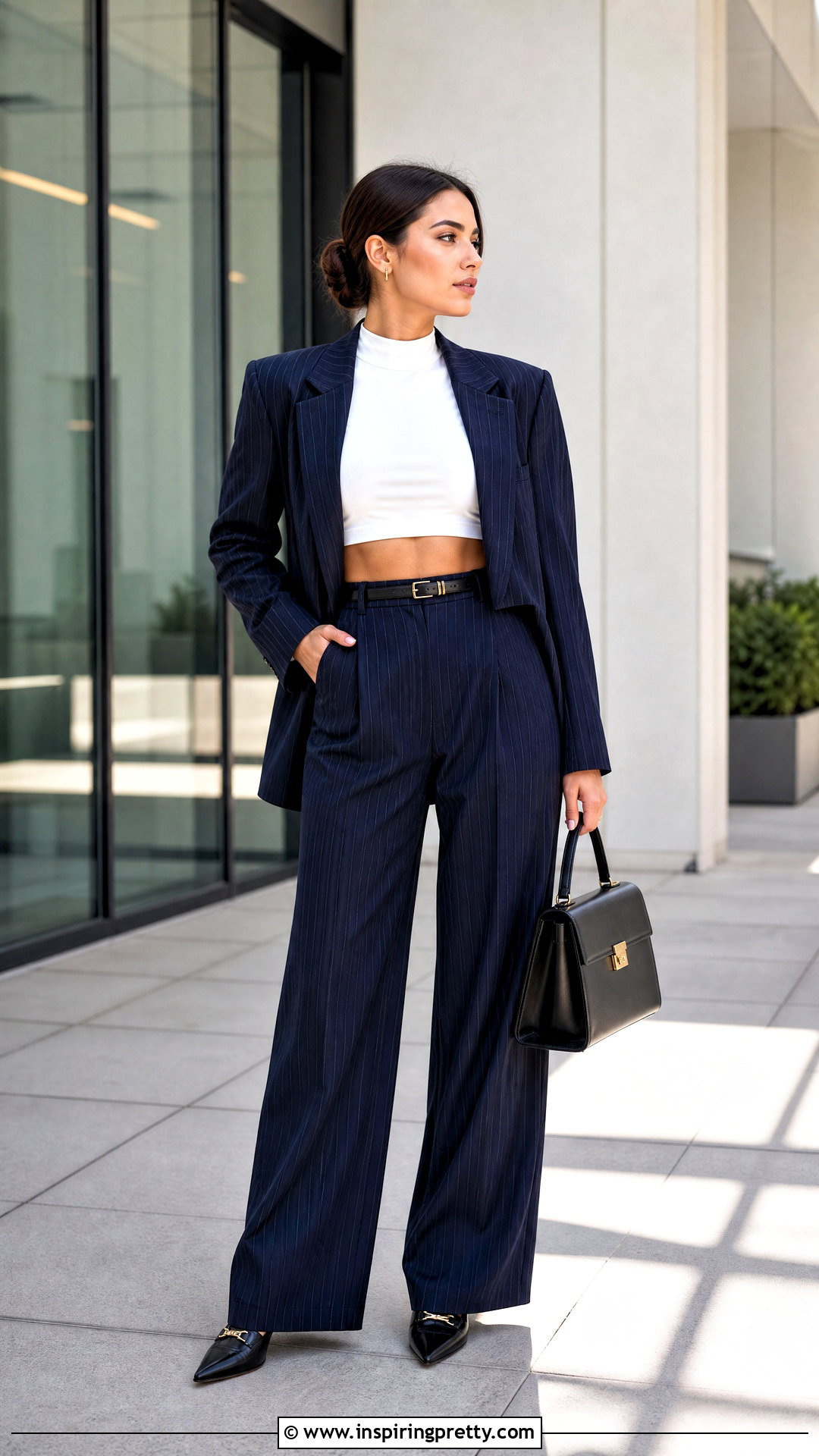 Crop Top And Pinstripe Blazer Outfit - 50 crop top jacket outfit ideas
