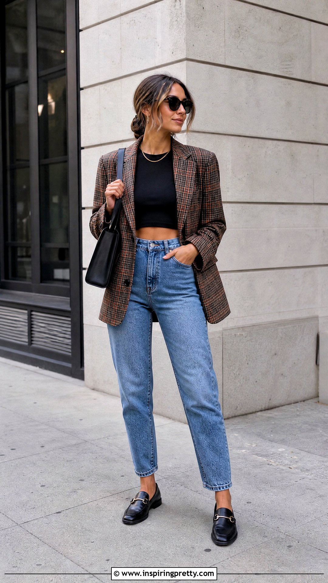 Crop Top And Plaid Blazer With Mom Jeans - 20 crop top with blazer outfit ideas