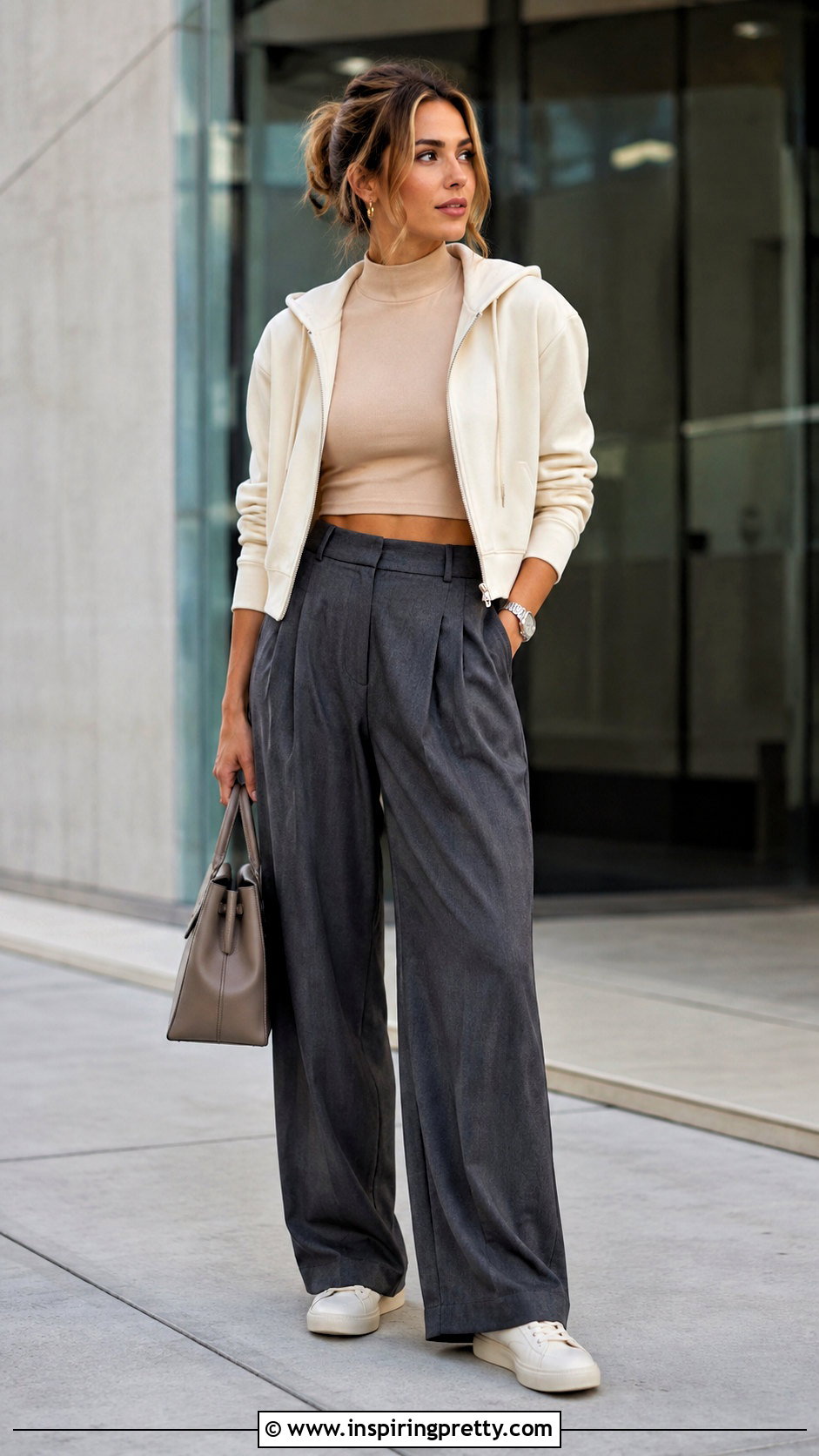 Crop Top And Zip Up Hoodie With Tailored Trousers - 25 crop top and zip up hoodie outfit ideas
