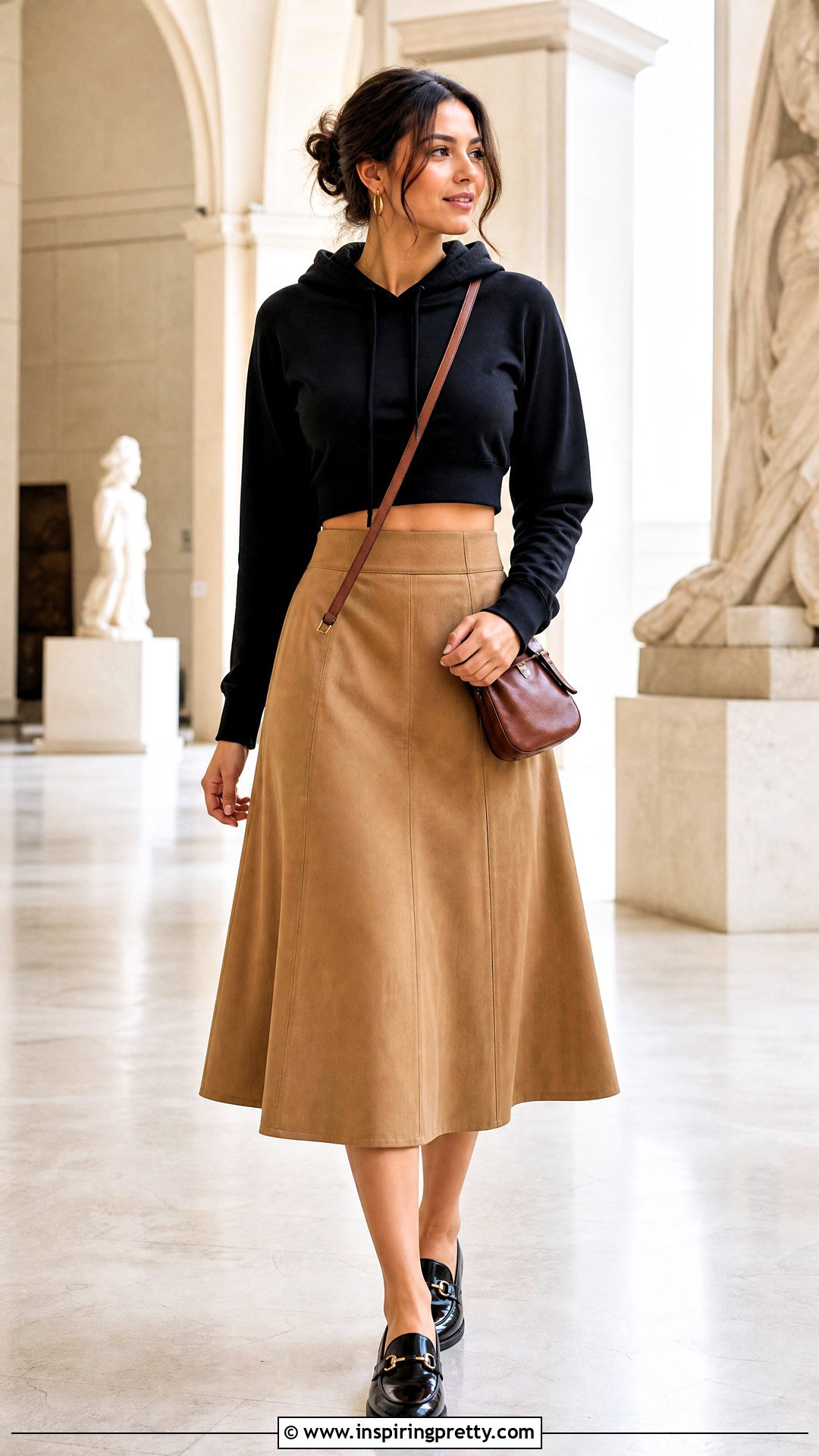 Crop Top Hoodie With A Line Midi Skirt - 50 crop top hoodie outfit ideas