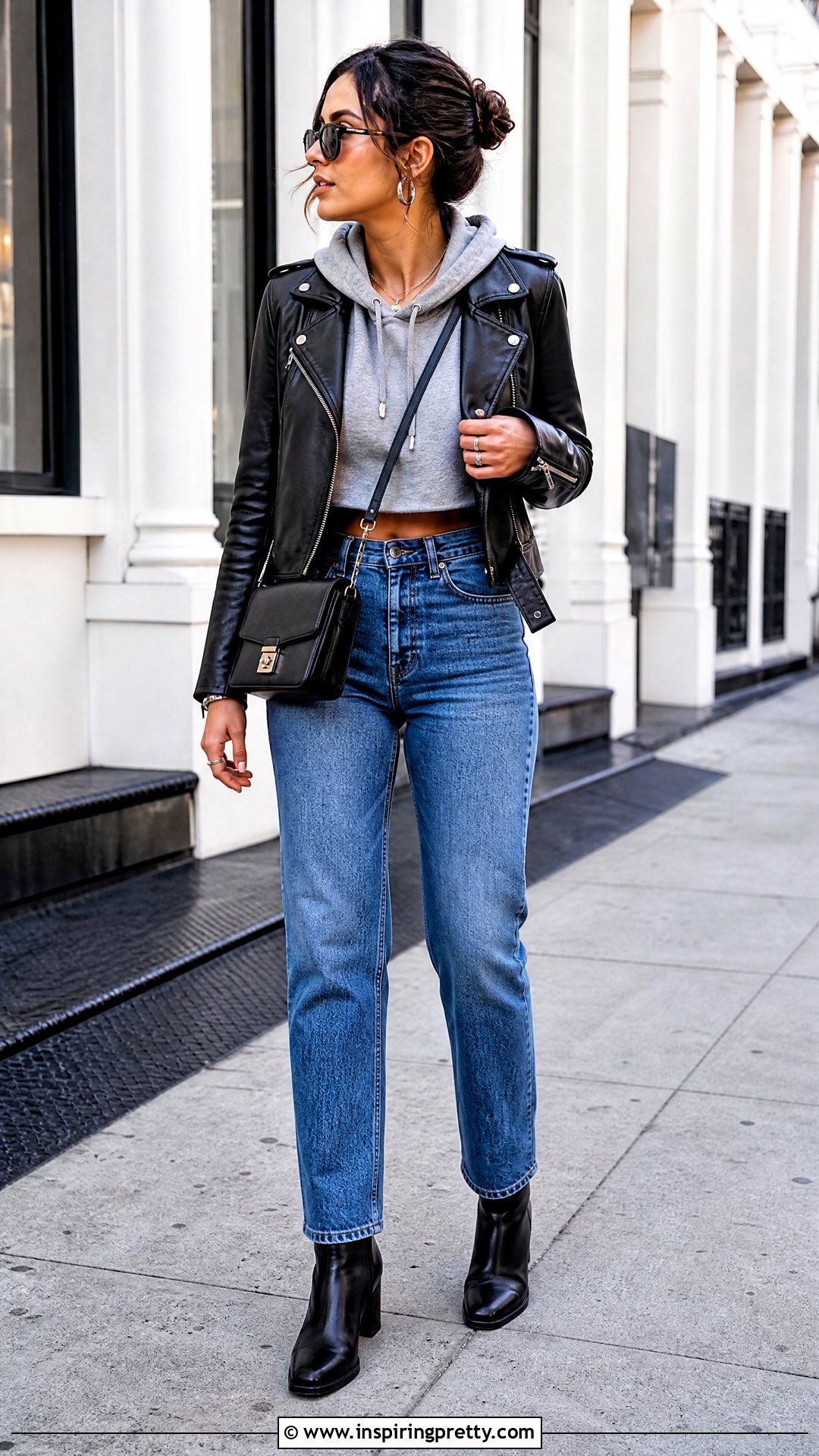 Crop Top Hoodie With Biker Jacket And Jeans - 50 crop top hoodie outfit ideas
