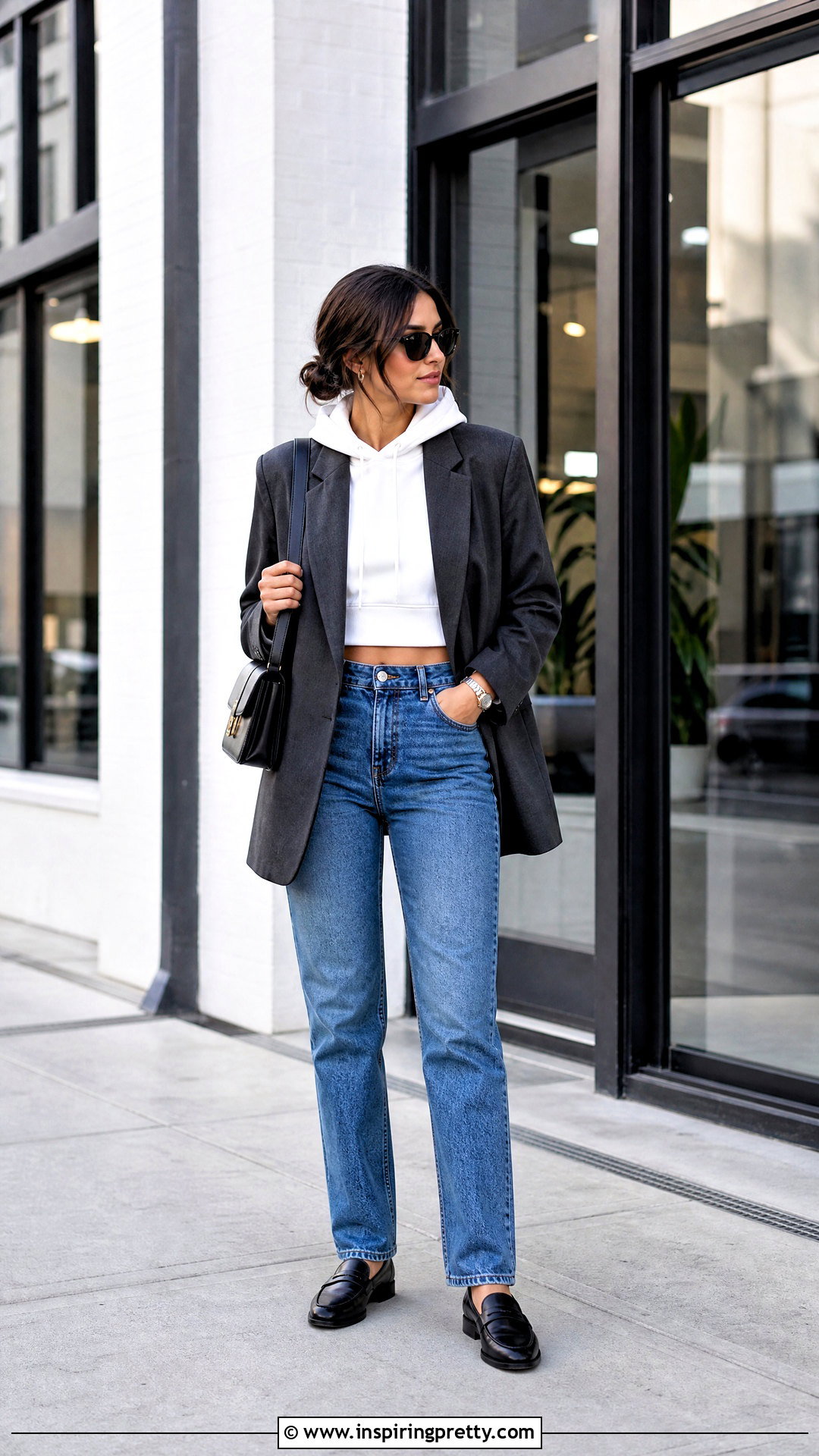 Crop Top Hoodie With Blazer And Straight Jeans - 50 crop top hoodie outfit ideas