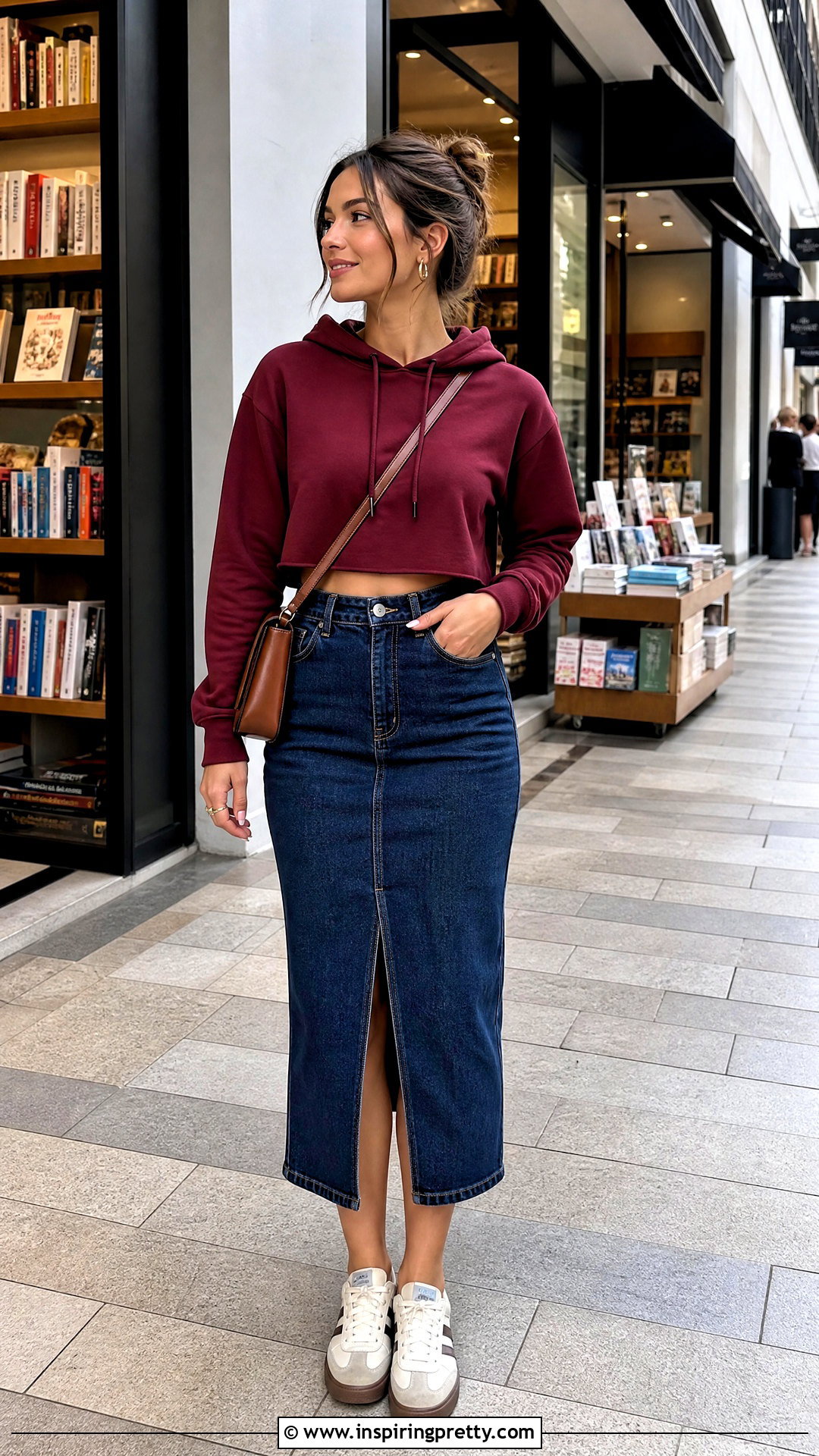 Crop Top Hoodie With Denim Midi Skirt - 50 crop top hoodie outfit ideas